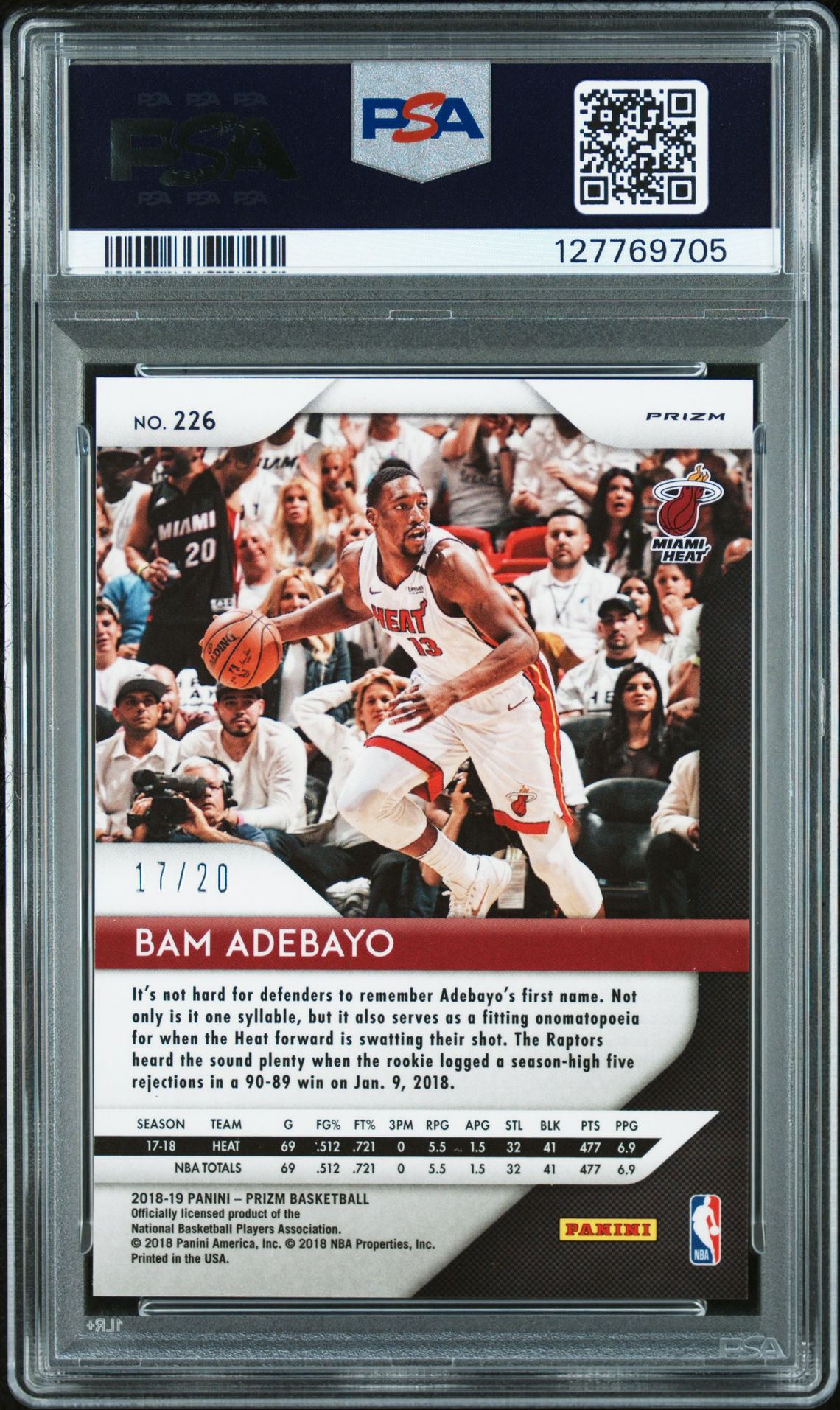 2018 Panini Prizm Bam Adebayo #226 (Fast Break Prizm-Bronze) Gem Mt 10 back