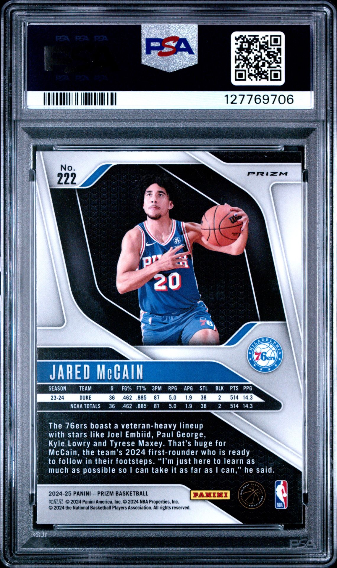 2024 Panini Prizm Jared Mccain #222 (Red Ice) Mint 9 back