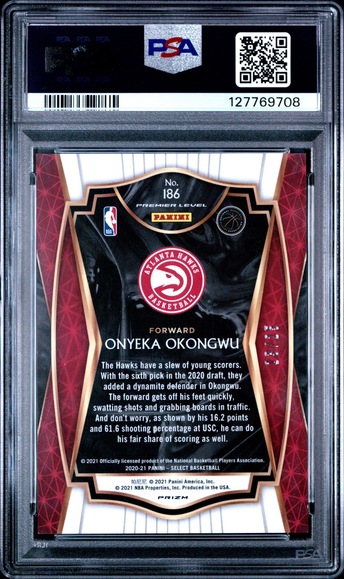 2020 Panini Select Onyeka Okongwu #186 (Blue Disco Prizm) Gem Mt 10 back