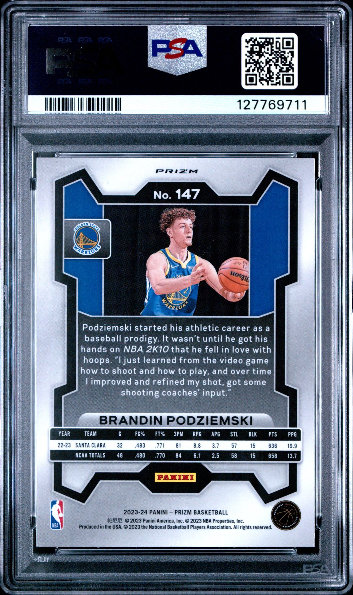 2023 Panini Prizm Brandin Podziemski #147 (Pink Ice) Gem Mt 10 back