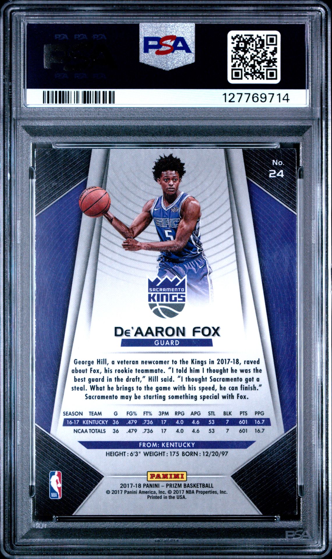 2017 Panini Prizm De'aaron Fox #24 Mint 9 back