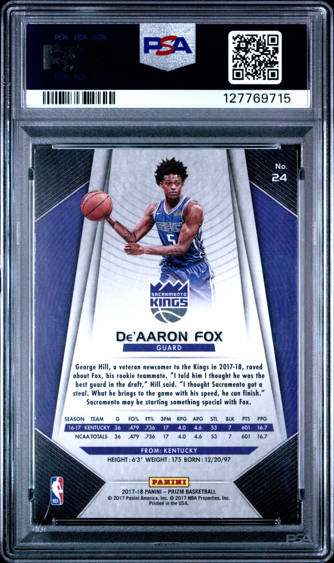 2017 Panini Prizm De'aaron Fox #24 Mint 9 back