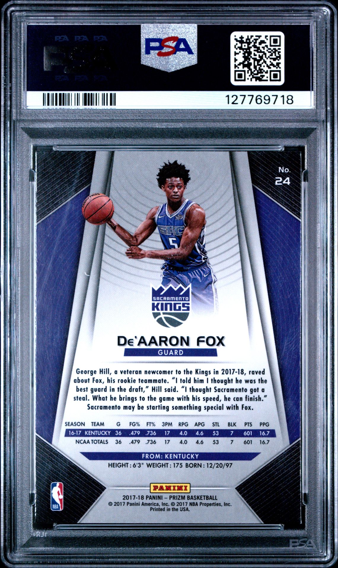 2017 Panini Prizm De'aaron Fox #24 Mint 9 back