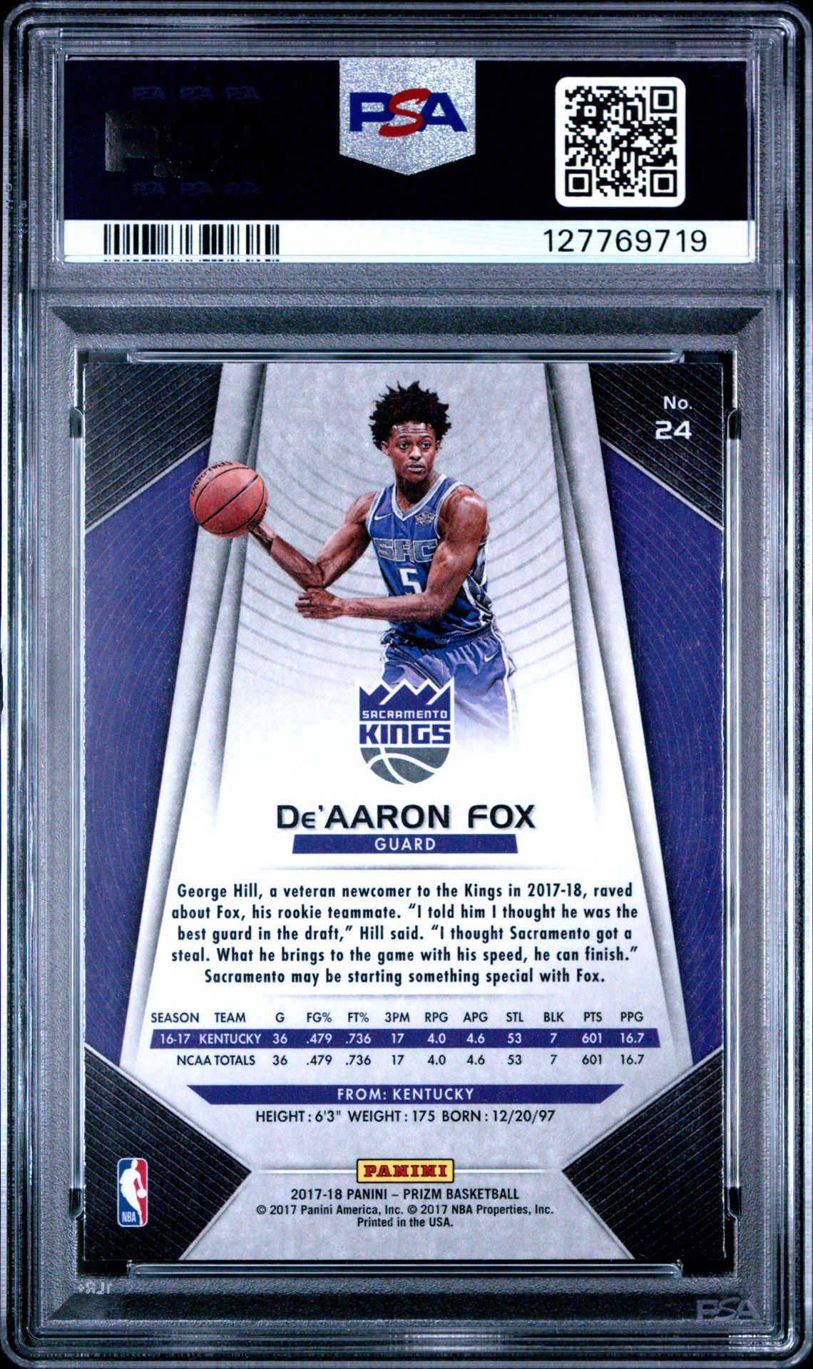 2017 Panini Prizm De'aaron Fox #24 Nm-Mt 8 back