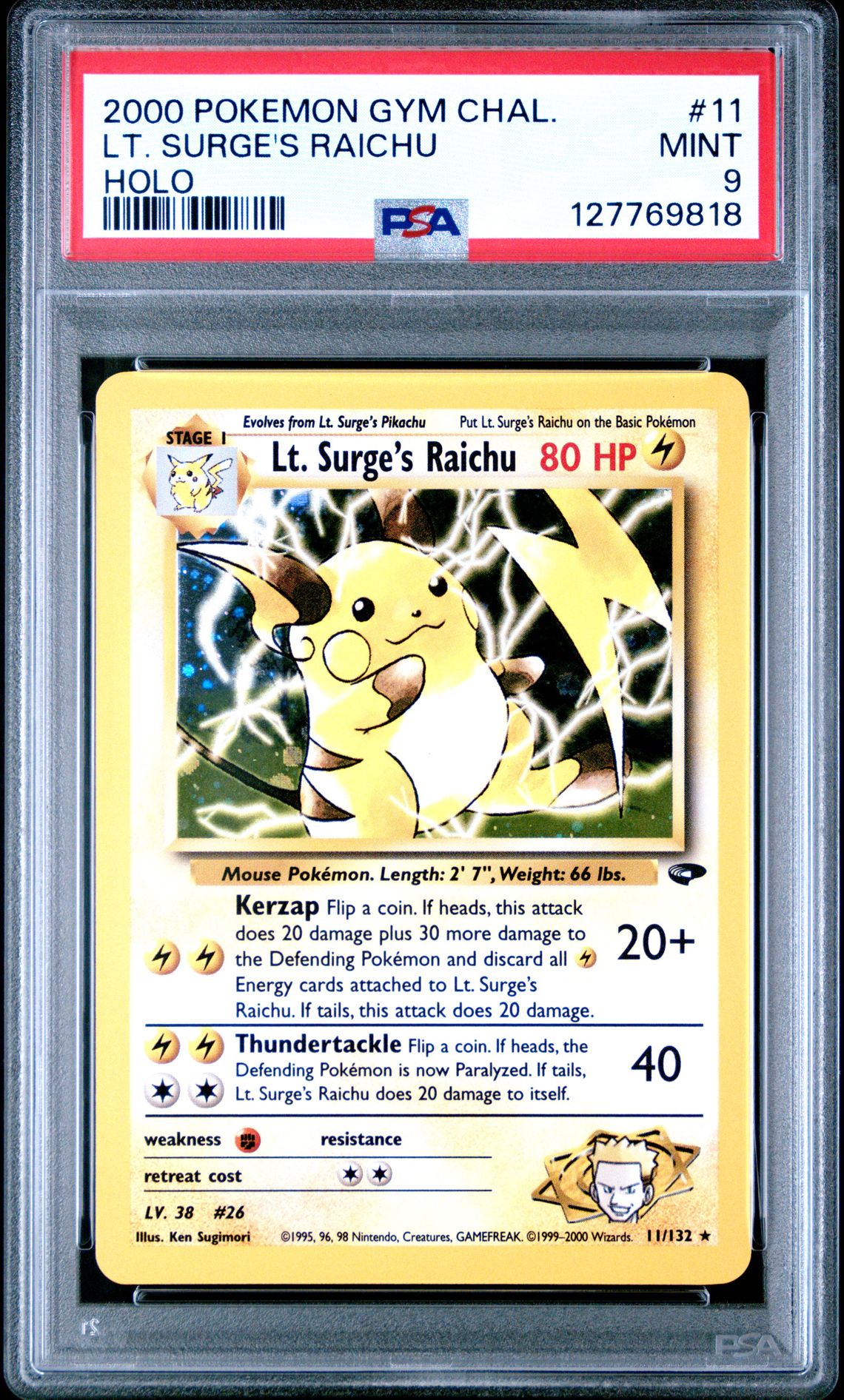 2000 Pokemon Gym Challenge Lt. Surge's Raichu #11 (Holo) Mint 9 front