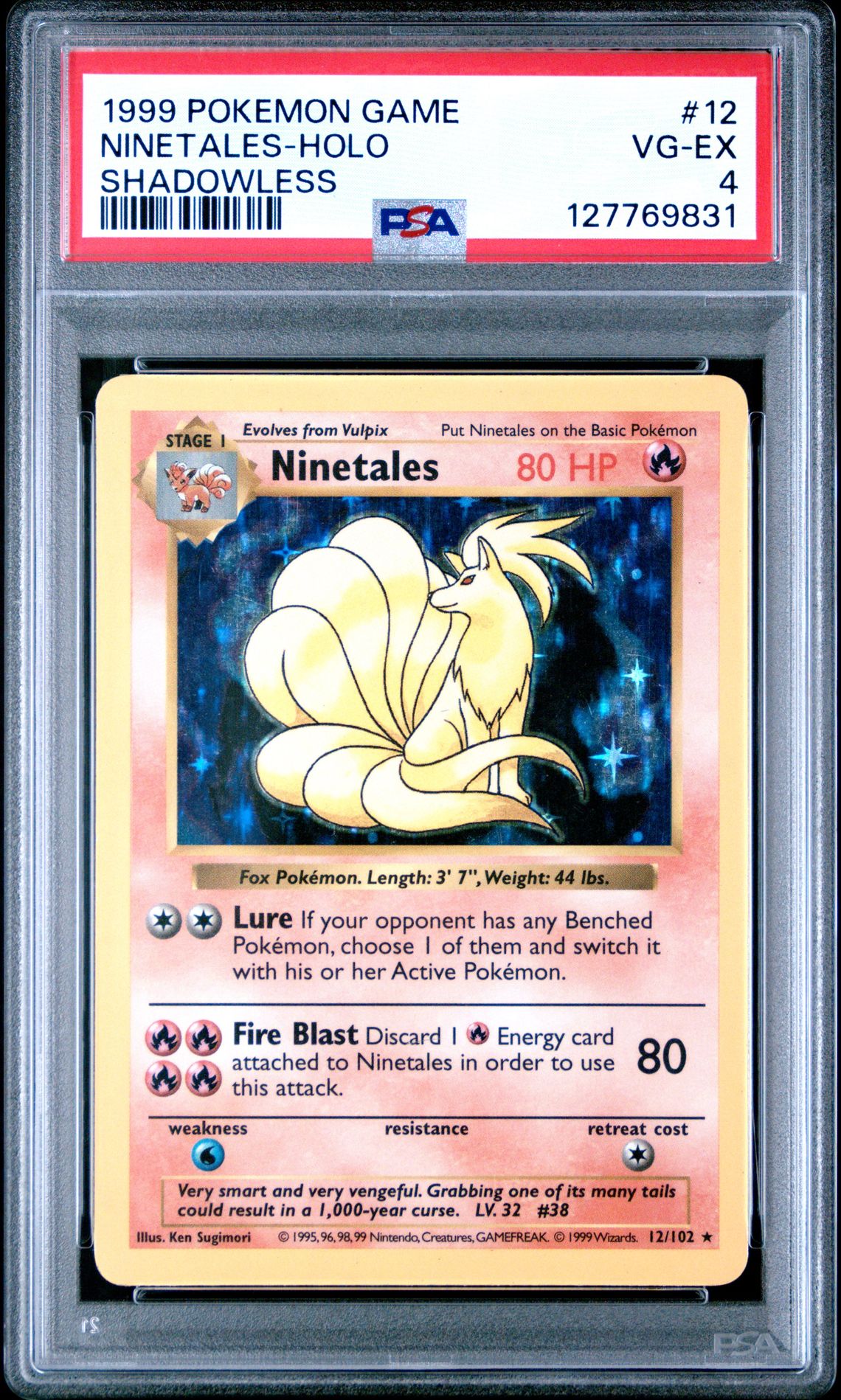 1999 Pokemon Game Ninetales-Holo #12 (Shadowless) Vg-Ex 4 front