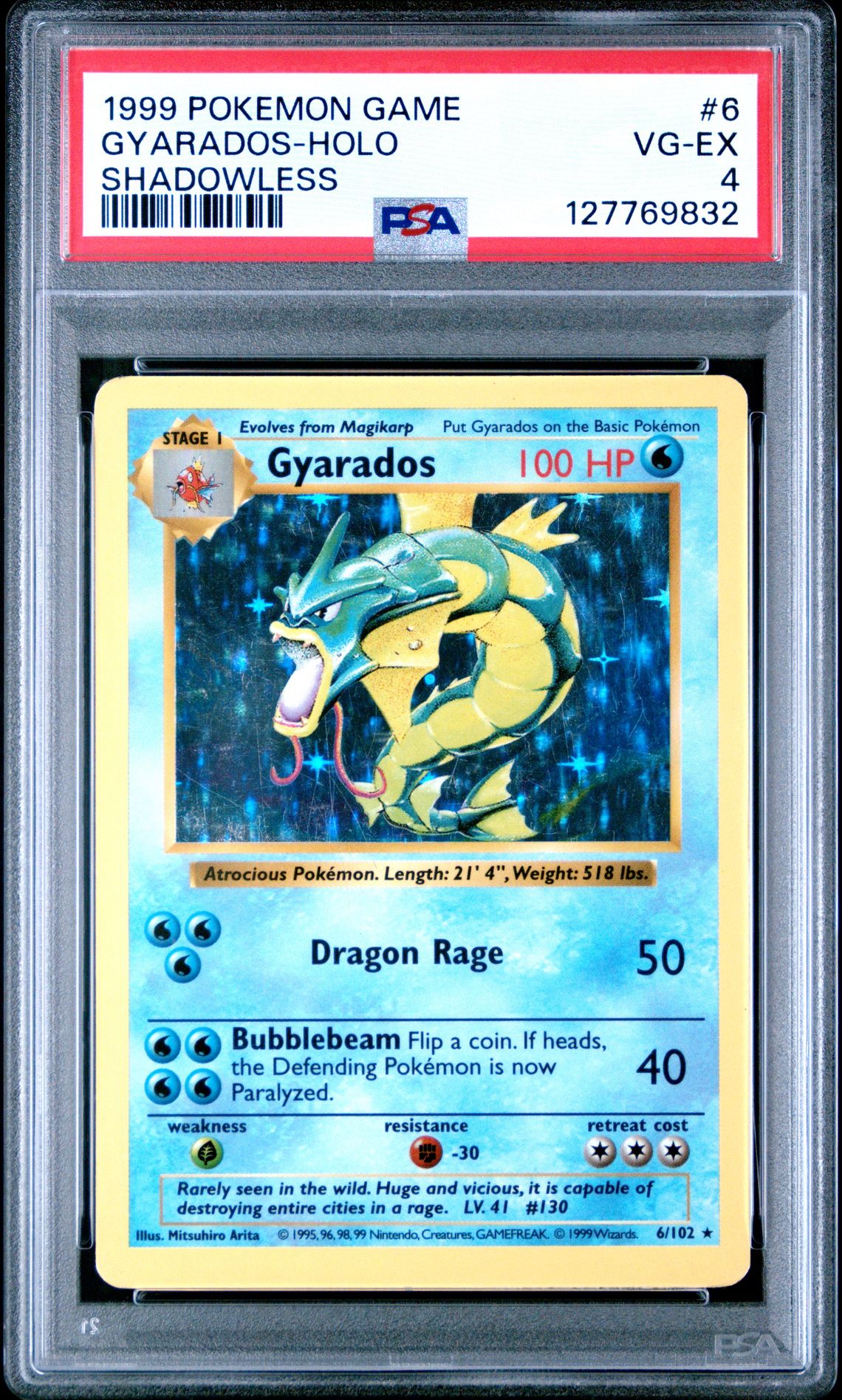 1999 Pokemon Game Gyarados-Holo #6 (Shadowless) Vg-Ex 4 front