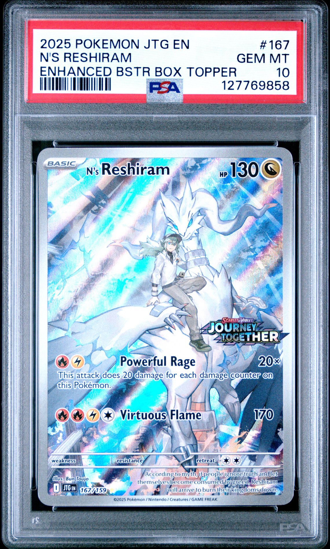 2025 Pokemon Jtg En-Journey Together N's Reshiram #167 (Enhanced Bstr Box Topper) Gem Mt 10 front