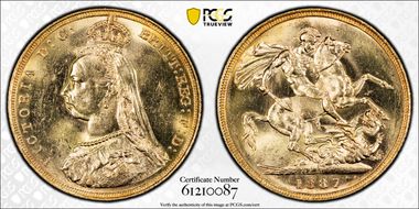 1887-M Sov S-3867A DISH M7 1st Obv Angled J MS63