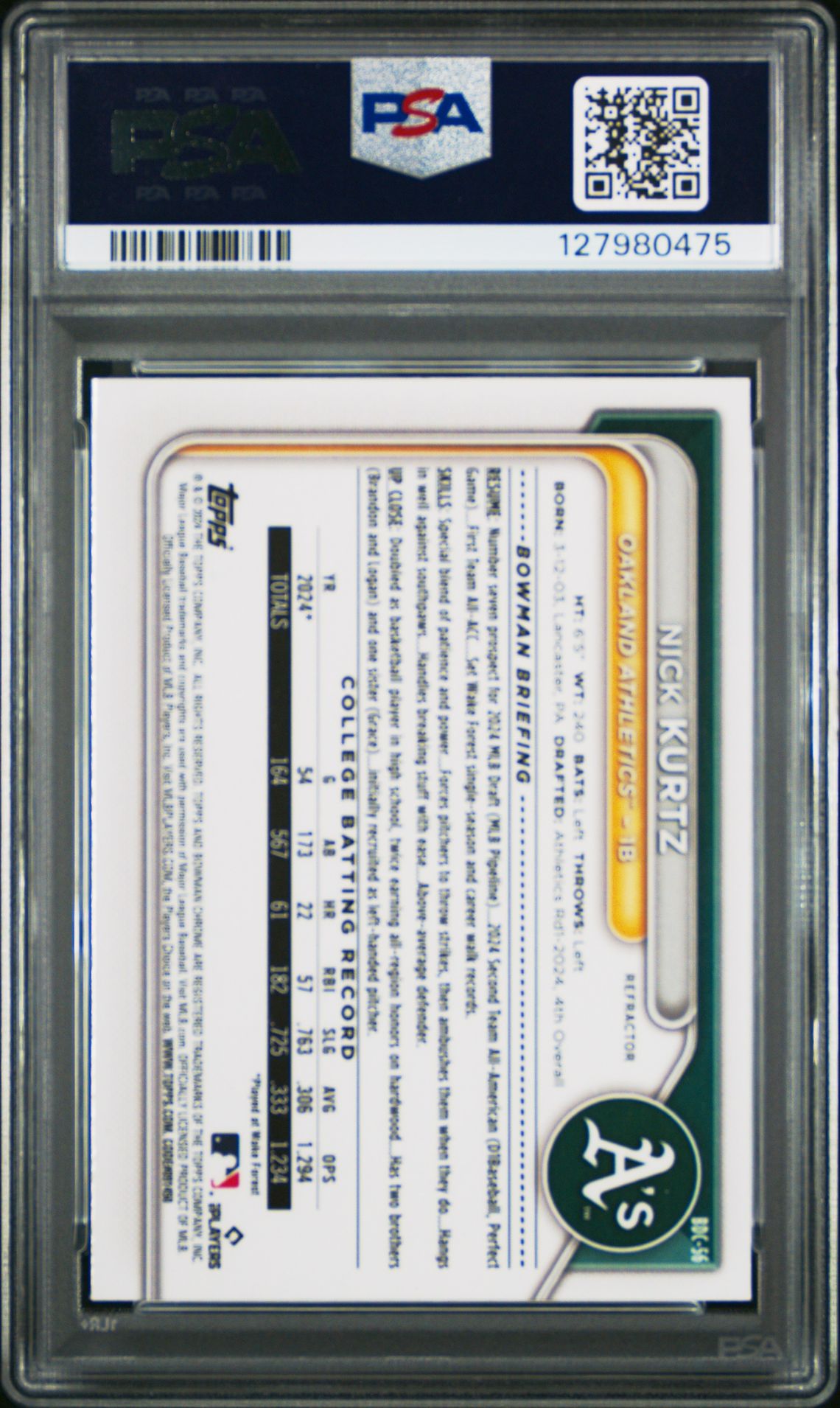 2024 Bowman Draft Nick Kurtz #Bdc56 (Chrome-Refractor) Mint 9 back