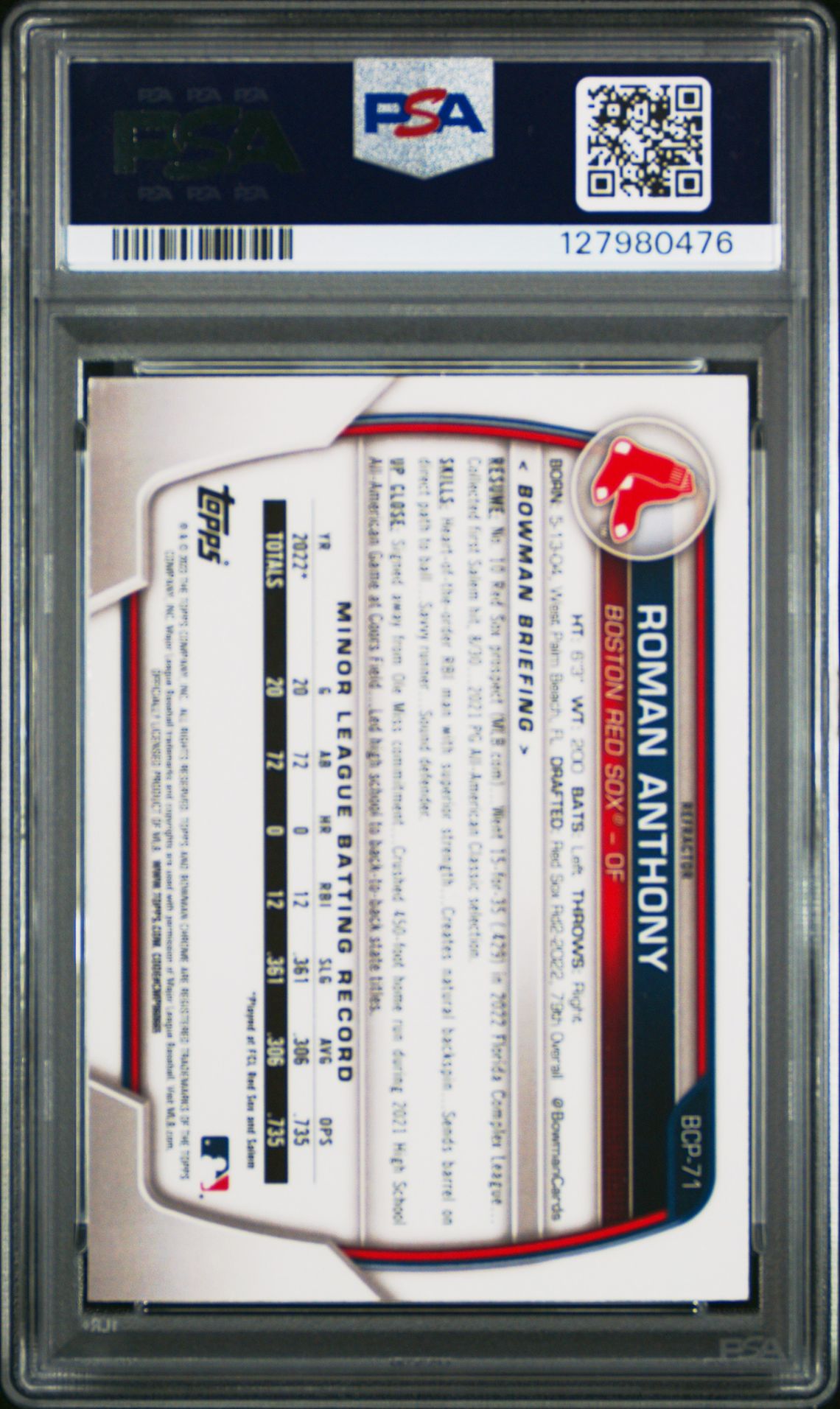 2023 Bowman Chrome Prospects Roman Anthony #Bcp71 (Chr Pros-Lunar Glow Ref) Gem Mt 10 back