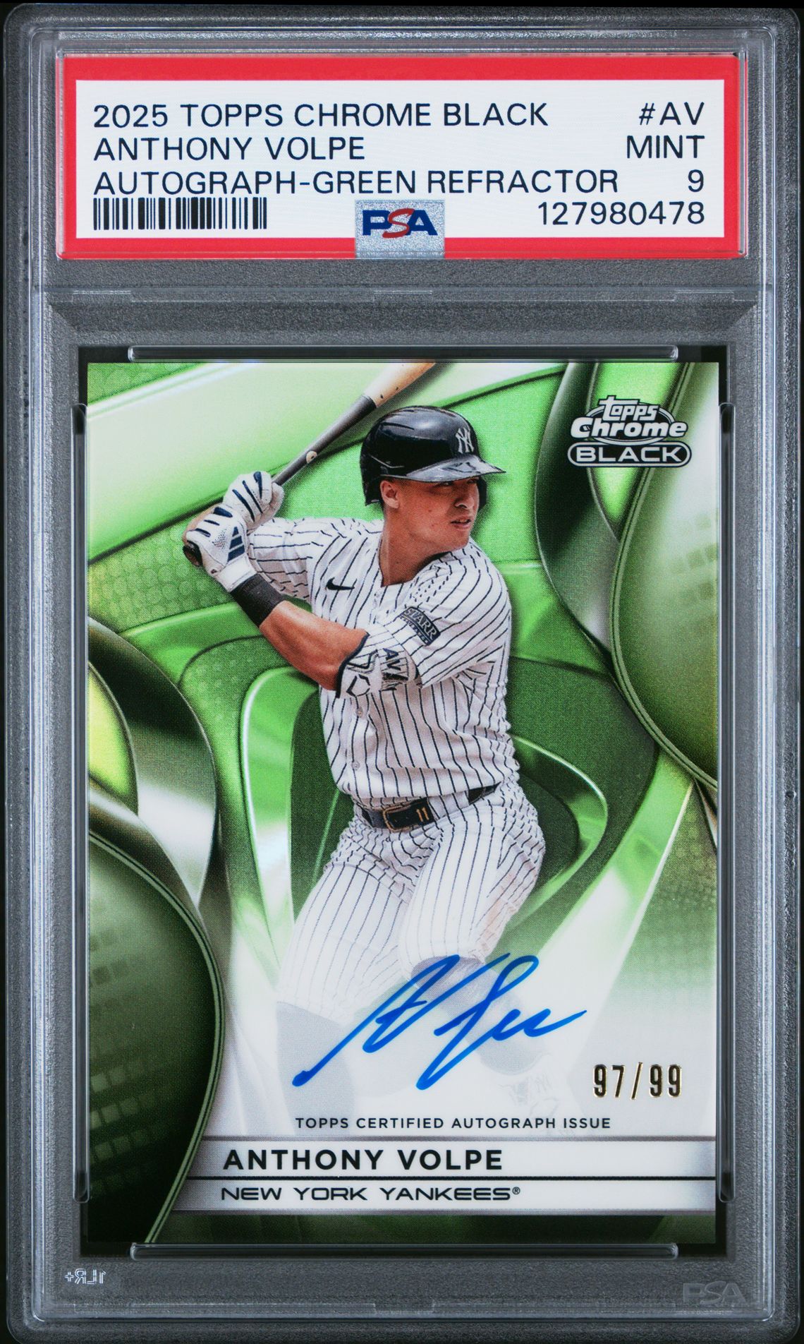 2025 Topps Chrome Black Autographs Anthony Volpe #Av (Autograph-Green Refractor) Mint 9 front