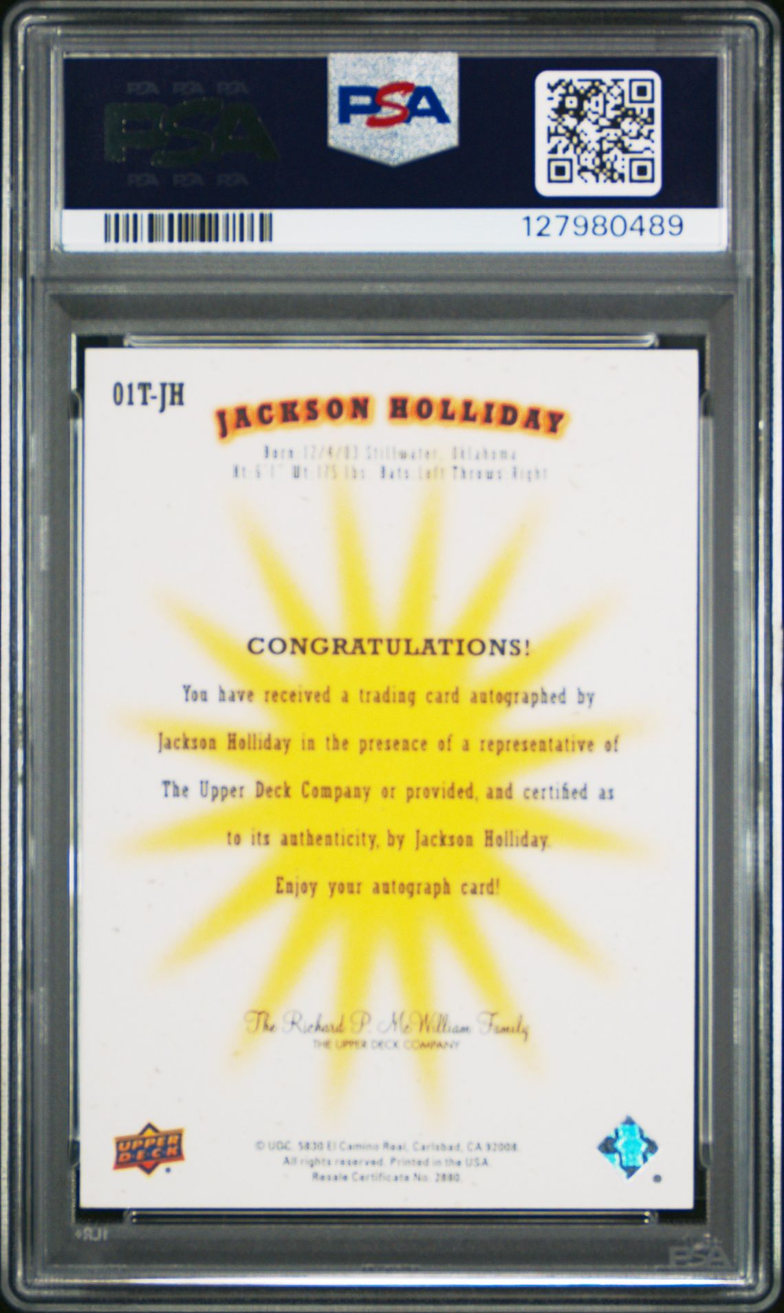 2023 Upper Deck Goodwin Champions Sp Authentic 2001 Future Watch Autographs Jackson Holliday #01Tjh Mint 9 back