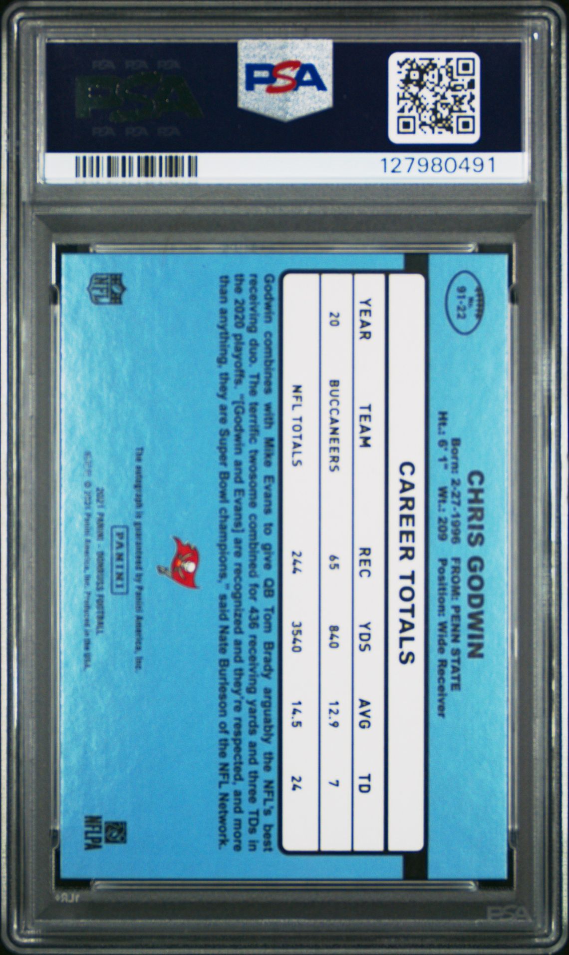 2021 Panini Donruss Retro 1991 Chris Godwin #91-22 (Retro 1991-Autograph) Mint 9 back