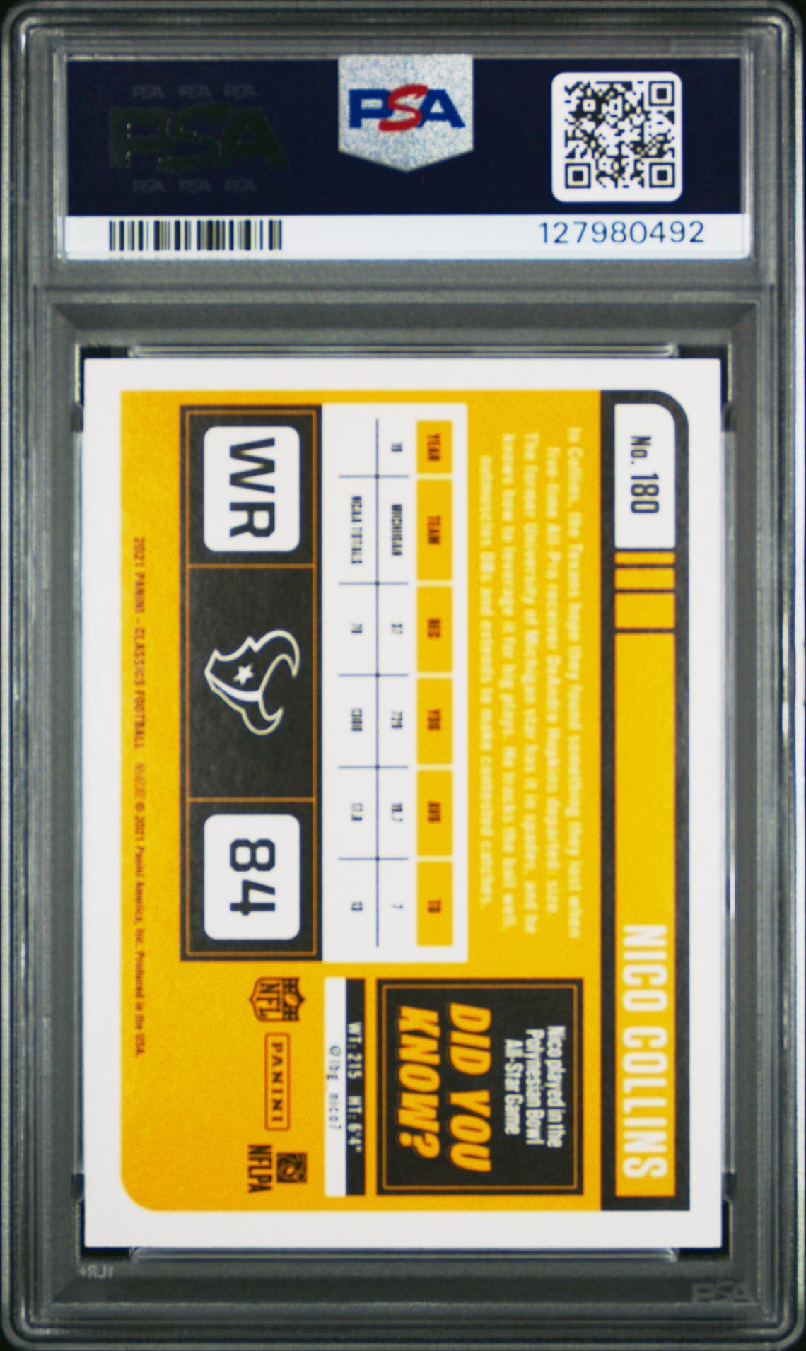 2021 Panini Classics Nico Collins #180 (Timeless Tributes Blue) Mint 9 back