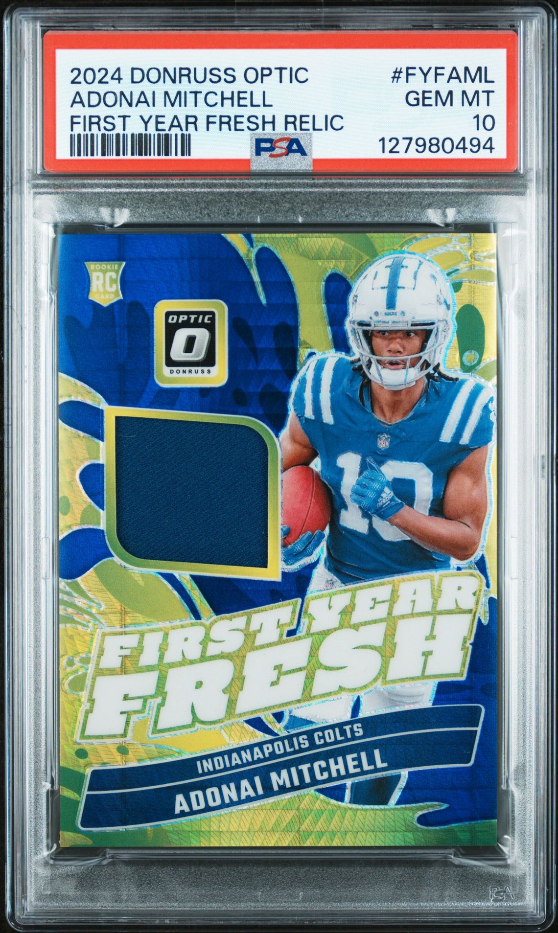 2024 Panini Donruss Optic First Year Fresh Relic Adonai Mitchell #Fyfaml Gem Mt 10 front