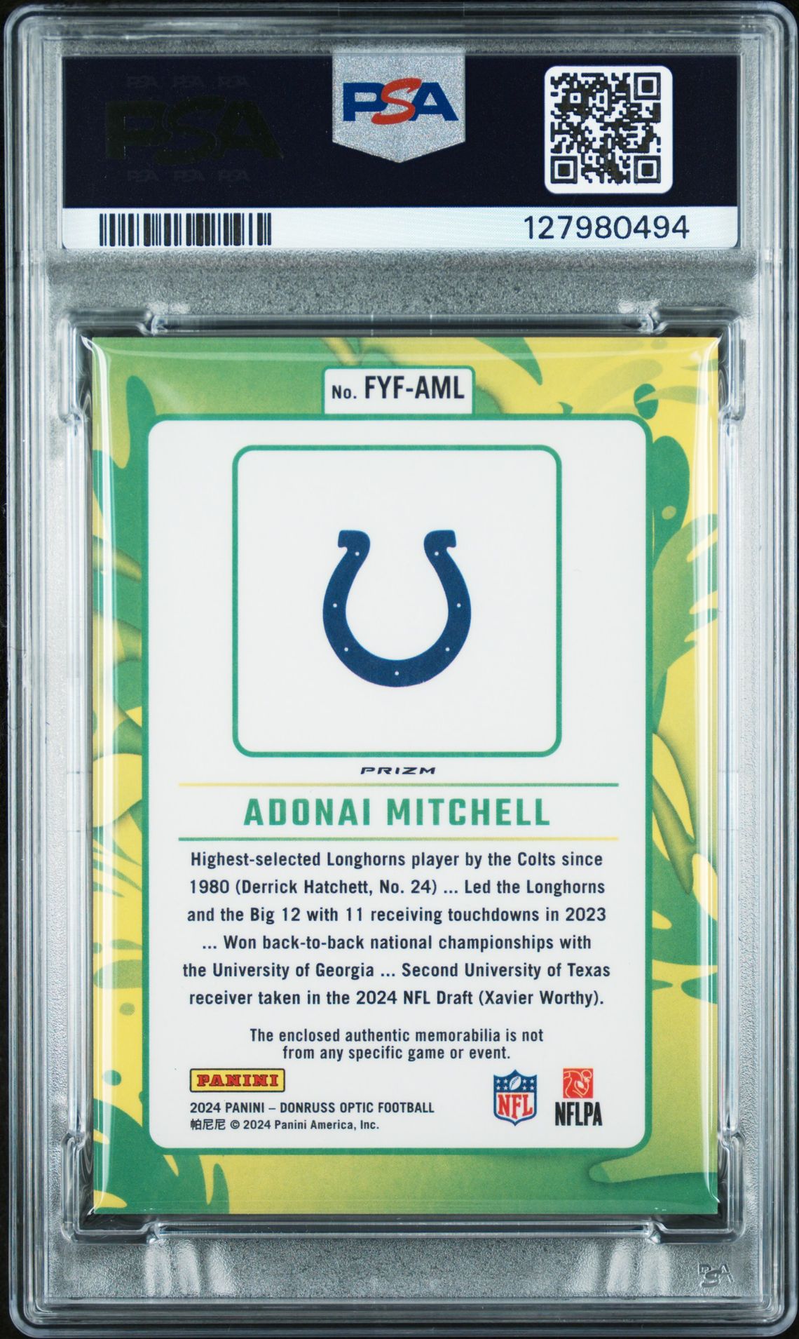2024 Panini Donruss Optic First Year Fresh Relic Adonai Mitchell #Fyfaml Gem Mt 10 back
