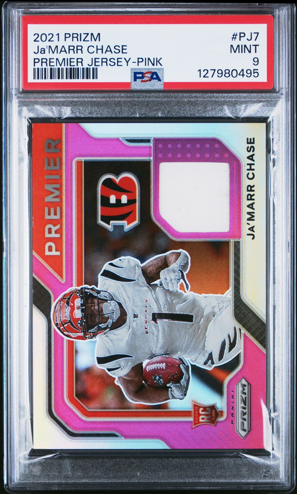 2021 Panini Prizm Premier Jersey Ja'marr Chase #Pj7 (Premier Jersey-Pink) Mint 9 front