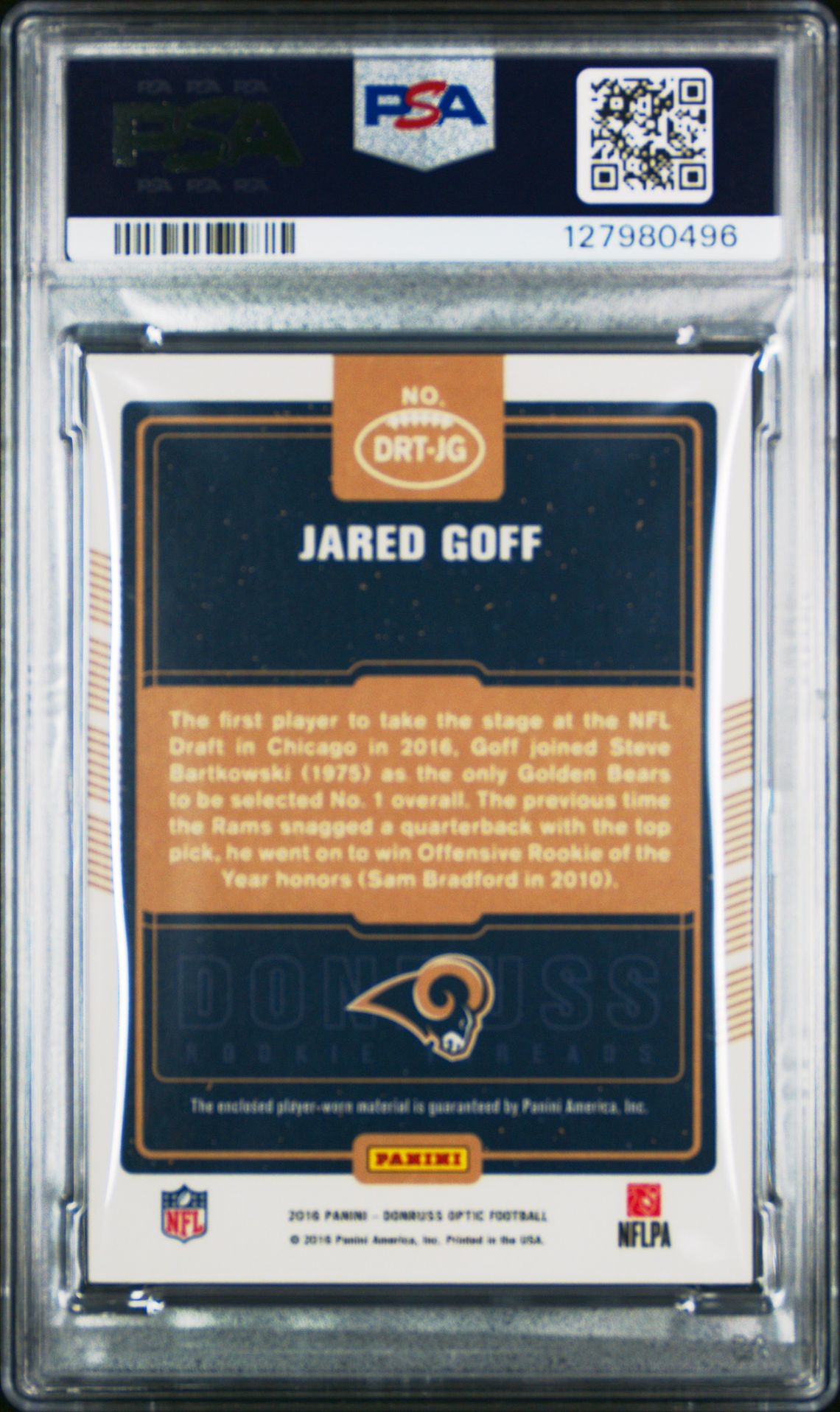 2016 Panini Donruss Optic Donruss Rookie Threads Jared Goff #Jg (Donruss Rke.thrds-Pink) Nm-Mt 8 back