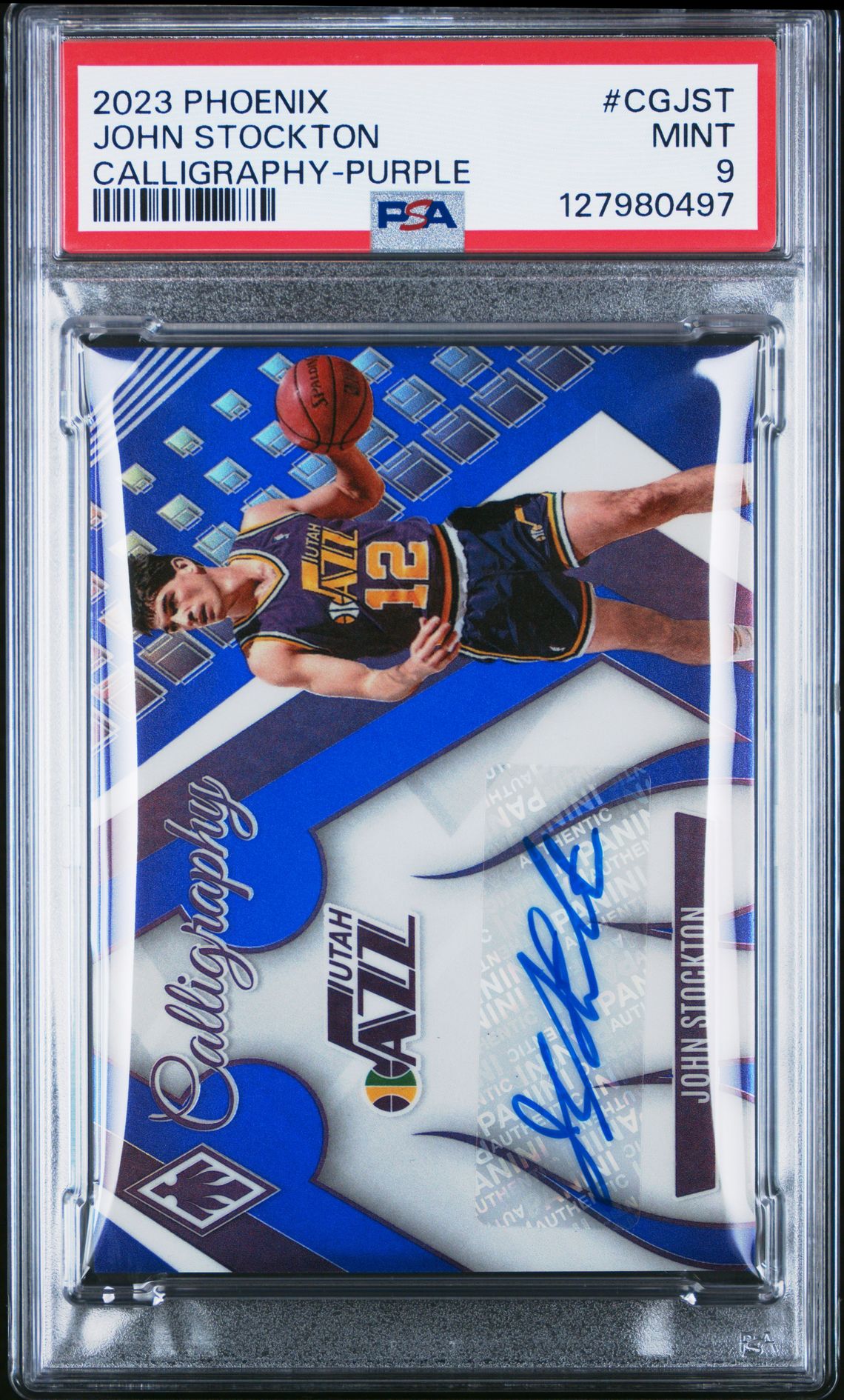2023 Panini Phoenix Calligraphy John Stockton #Cgjst (Calligraphy-Purple) Mint 9 front