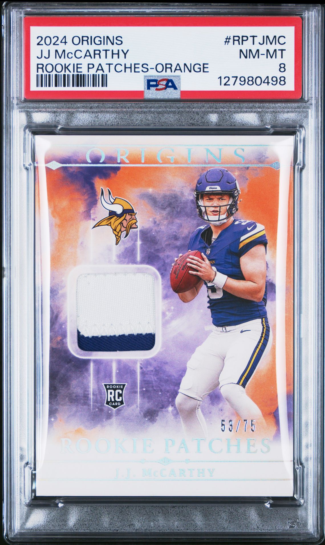 2024 Panini Origins Rookie Patches Jj Mccarthy #Rptjmc (Rookie Patches-Orange) Nm-Mt 8 front