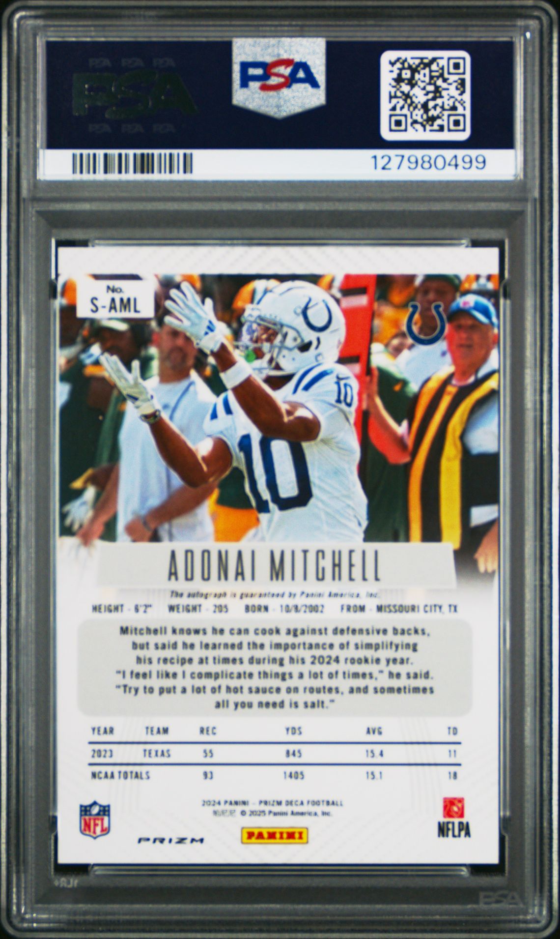 2024 Panini Prizm Deca Signatures Adonai Mitchell #Saml (Signature-Silver Prizm) Mint 9 back