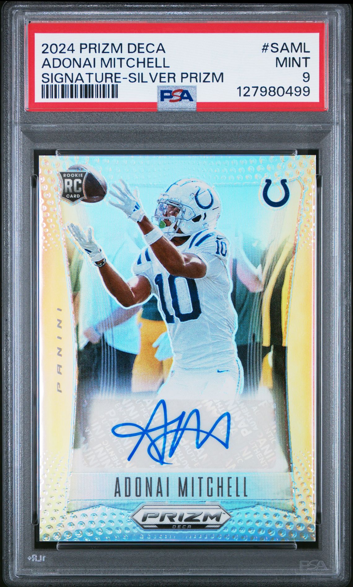 2024 Panini Prizm Deca Signatures Adonai Mitchell #Saml (Signature-Silver Prizm) Mint 9 front