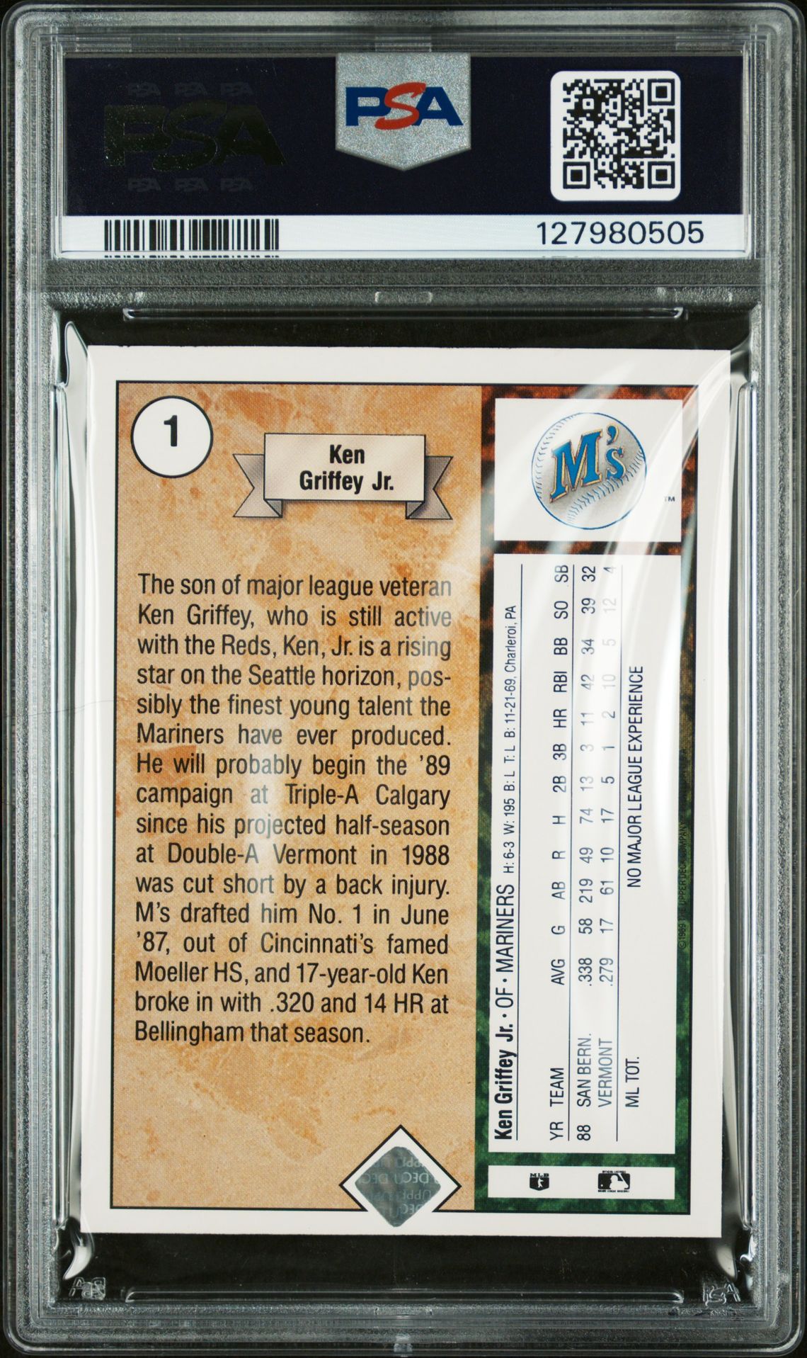 1989 Upper Deck Ken Griffey Jr. #1 (Star Rookie) Nm-Mt 8 back