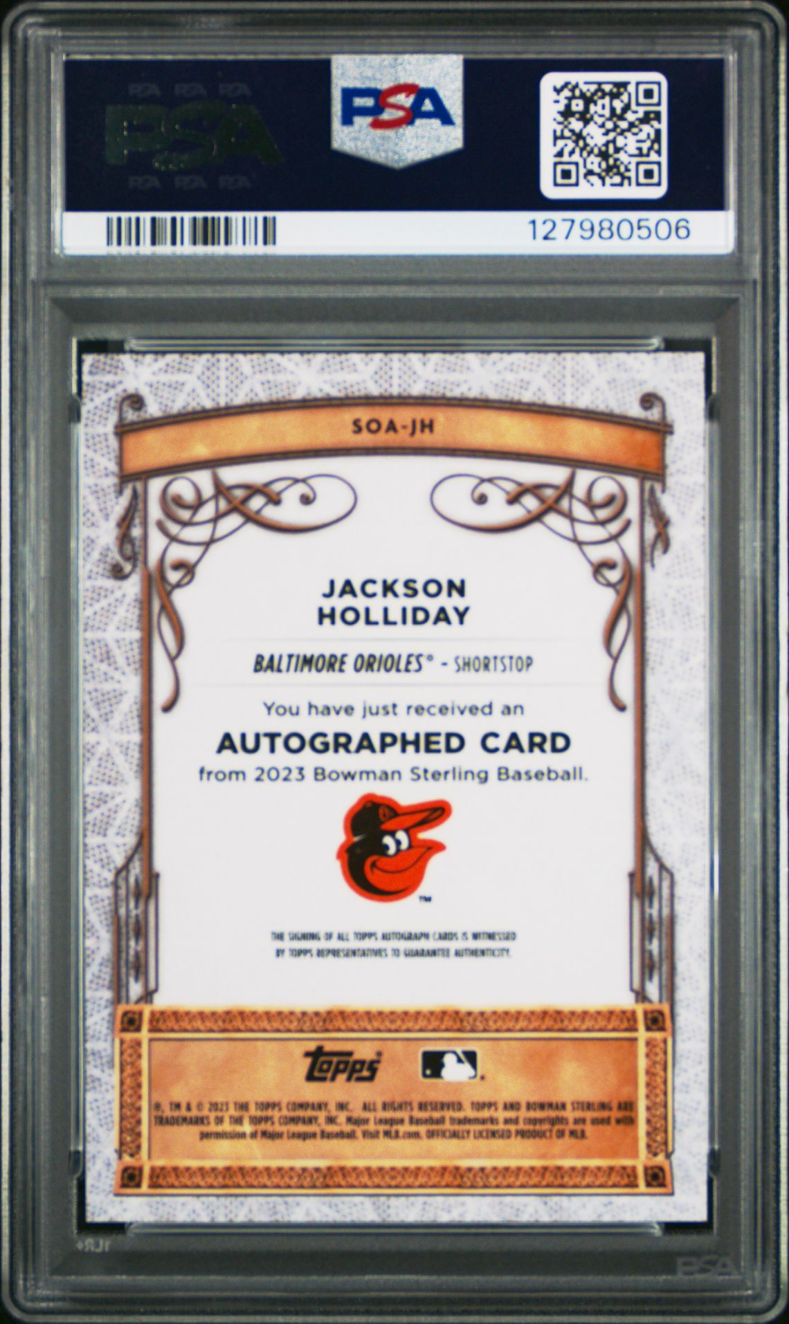 2023 Bowman Sterling Sterling Opulence Autographs Jackson Holliday #Soajh Gem Mt 10 back