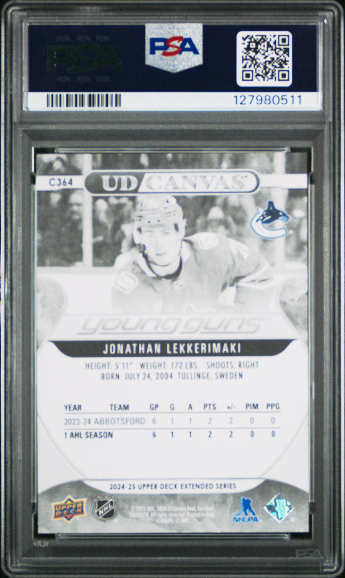 2024 Upper Deck Ud Canvas Jonathan Lekkerimaki #C364 (Ud Canvas-Black & White) Gem Mt 10 back
