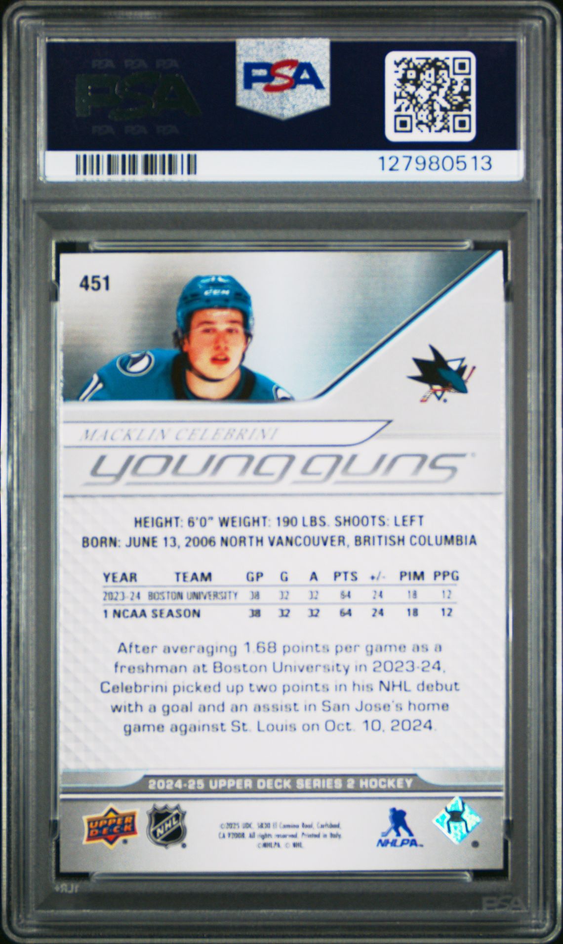 2024 Upper Deck Macklin Celebrini #451 Mint 9 back