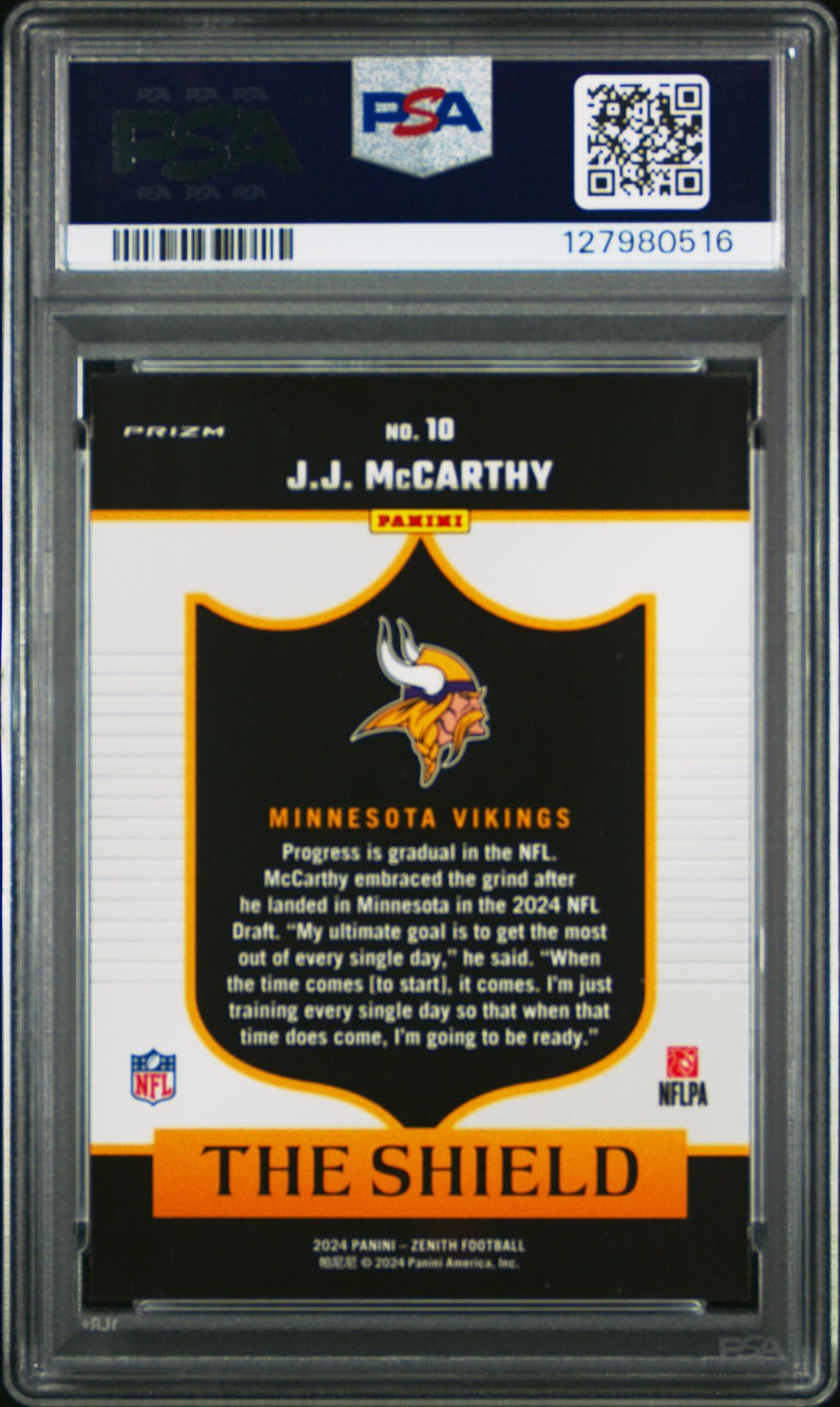 2024 Panini Zenith The Shield Jj Mccarthy #10 Mint 9 back