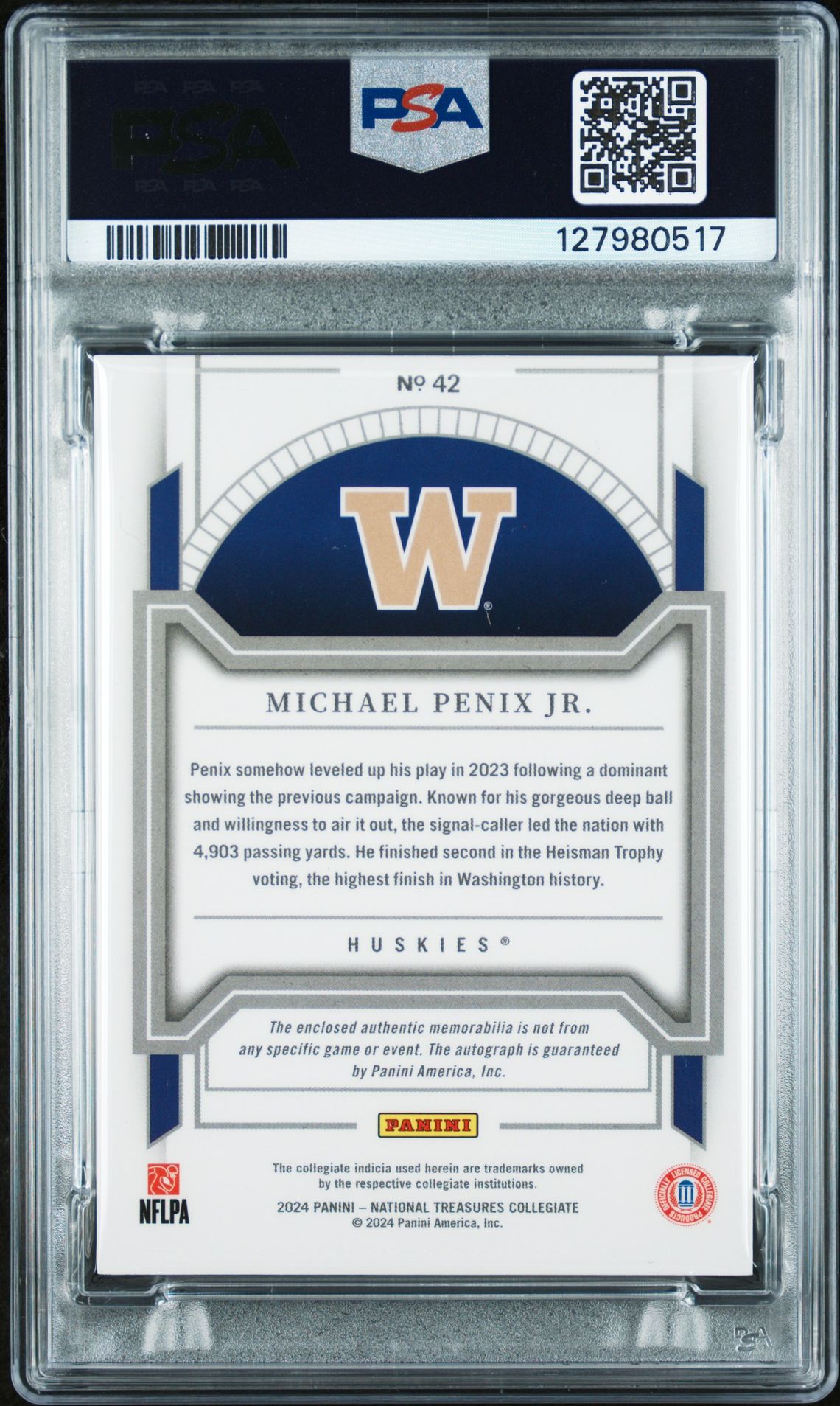 2024 Panini National Treasures Collegiate Michael Penix Jr. #42 (College Material Signature) Mint 9 back