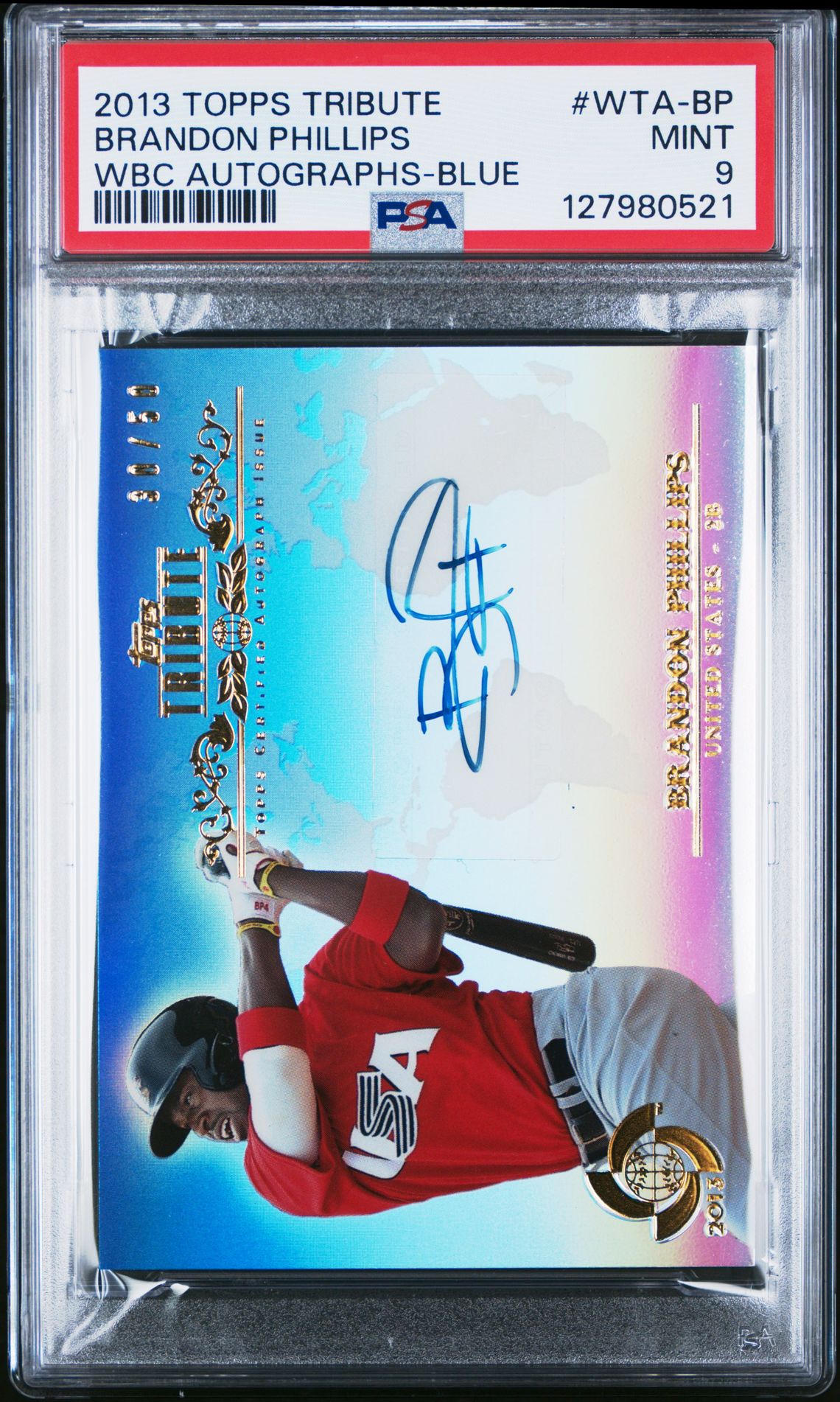 2013 Topps Tribute World Baseball Classic Autographs Brandon Phillips #Wta-Bp (Wbc Autographs-Blue) Mint 9 front