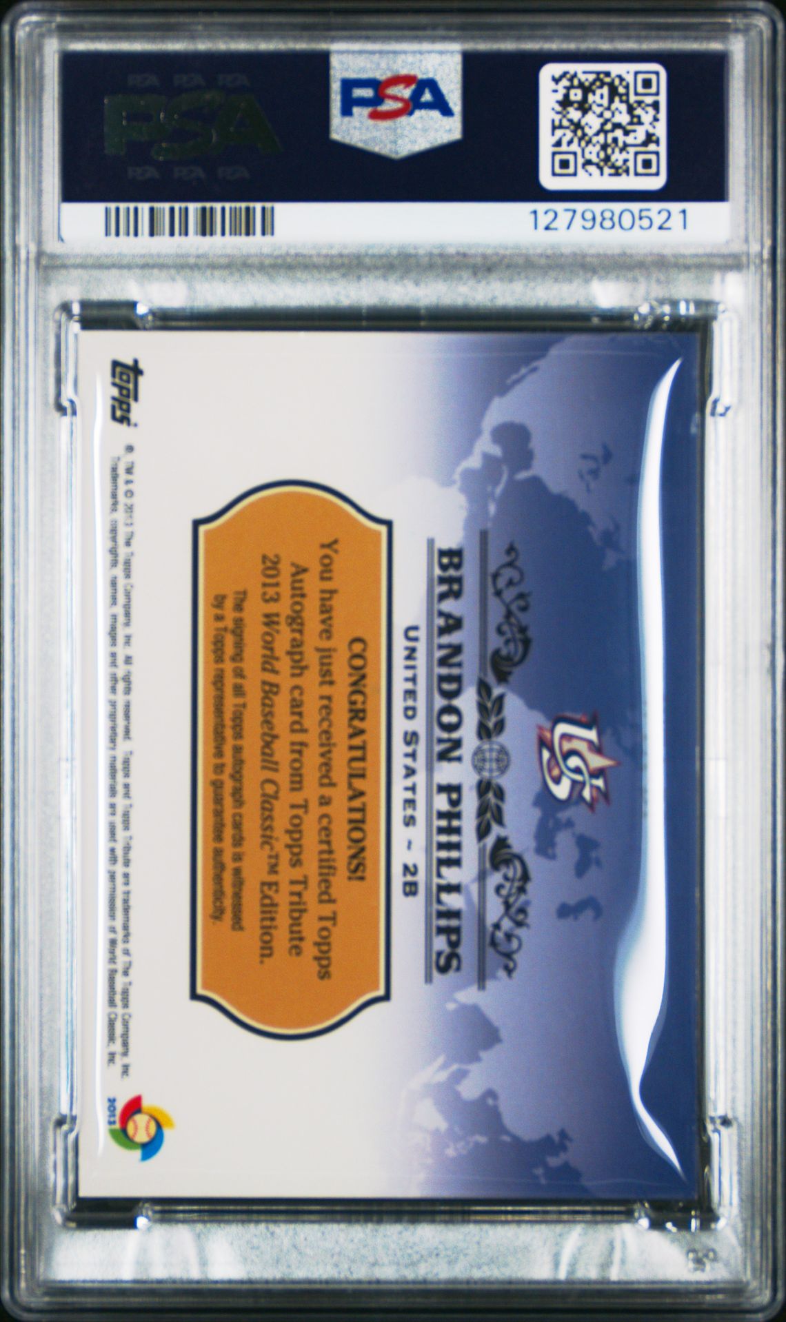 2013 Topps Tribute World Baseball Classic Autographs Brandon Phillips #Wta-Bp (Wbc Autographs-Blue) Mint 9 back