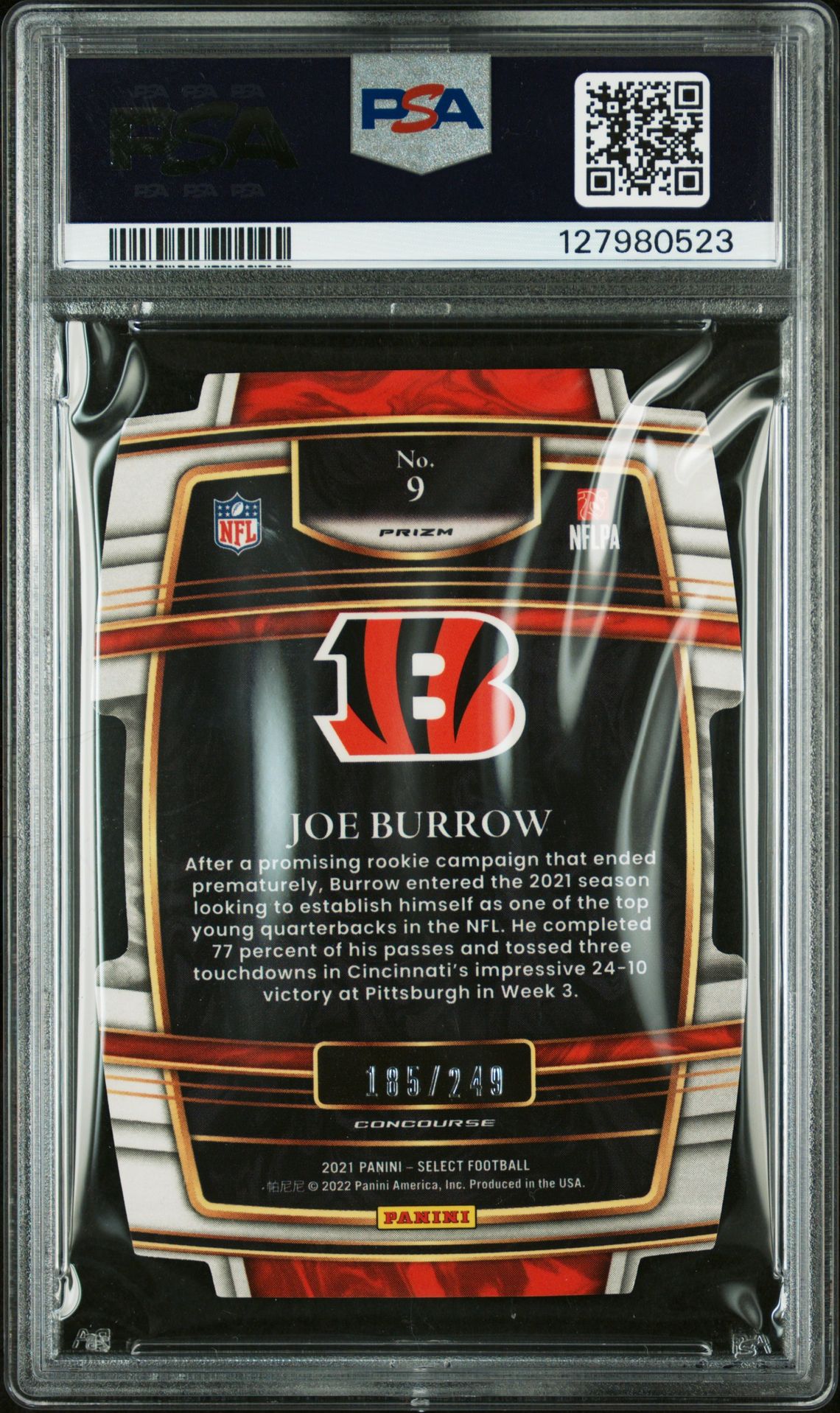 2021 Panini Select Joe Burrow #9 (Die-Cut Orange Prizm) Gem Mt 10 back