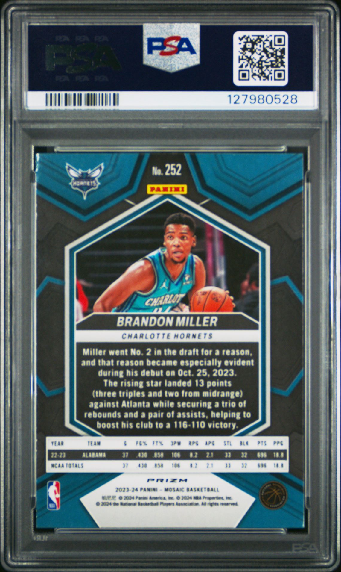 2023 Panini Mosaic Brandon Miller #252 (Genesis) Gem Mt 10 back