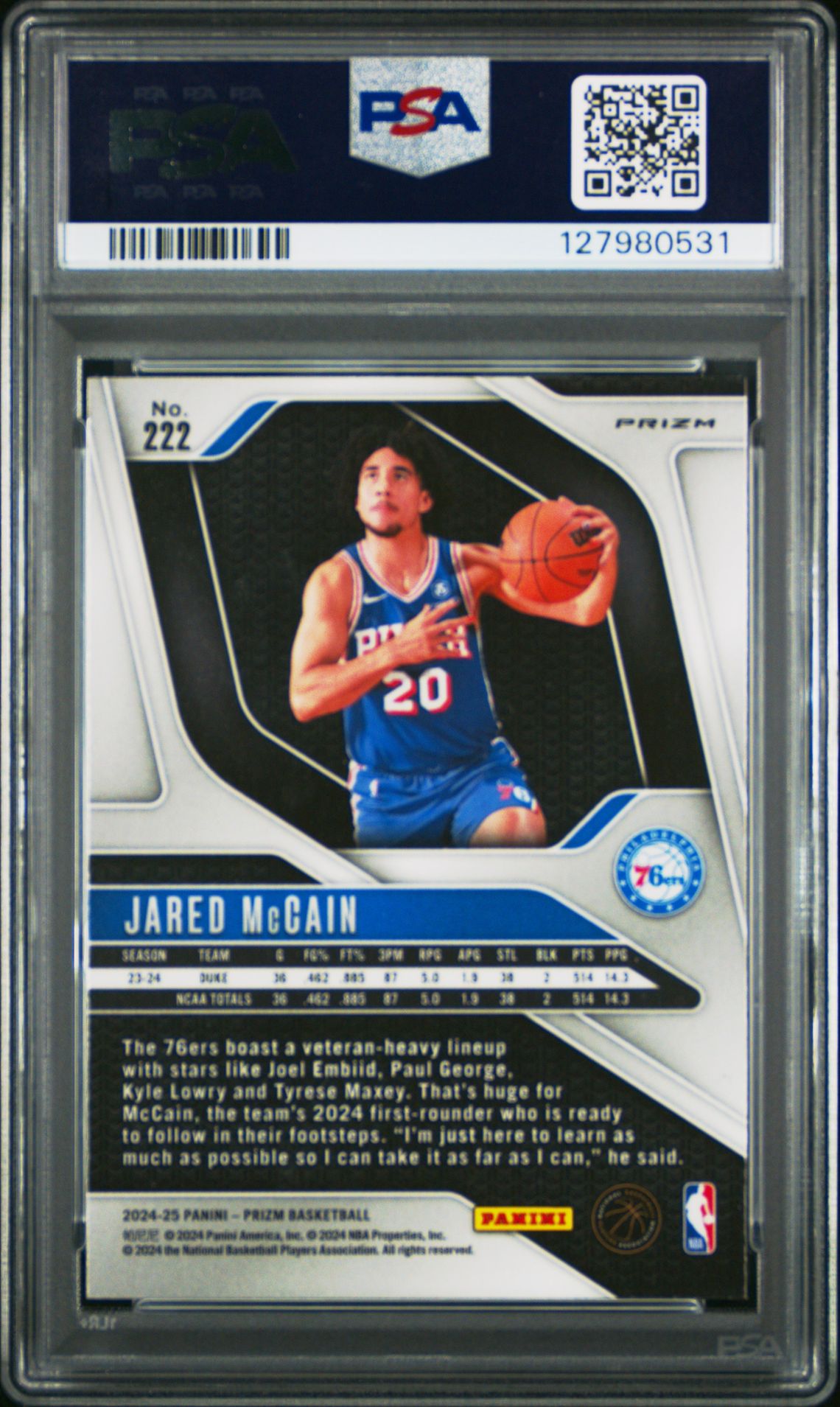 2024 Panini Prizm Jared Mccain #222 (Silver Prizm) Gem Mt 10 back