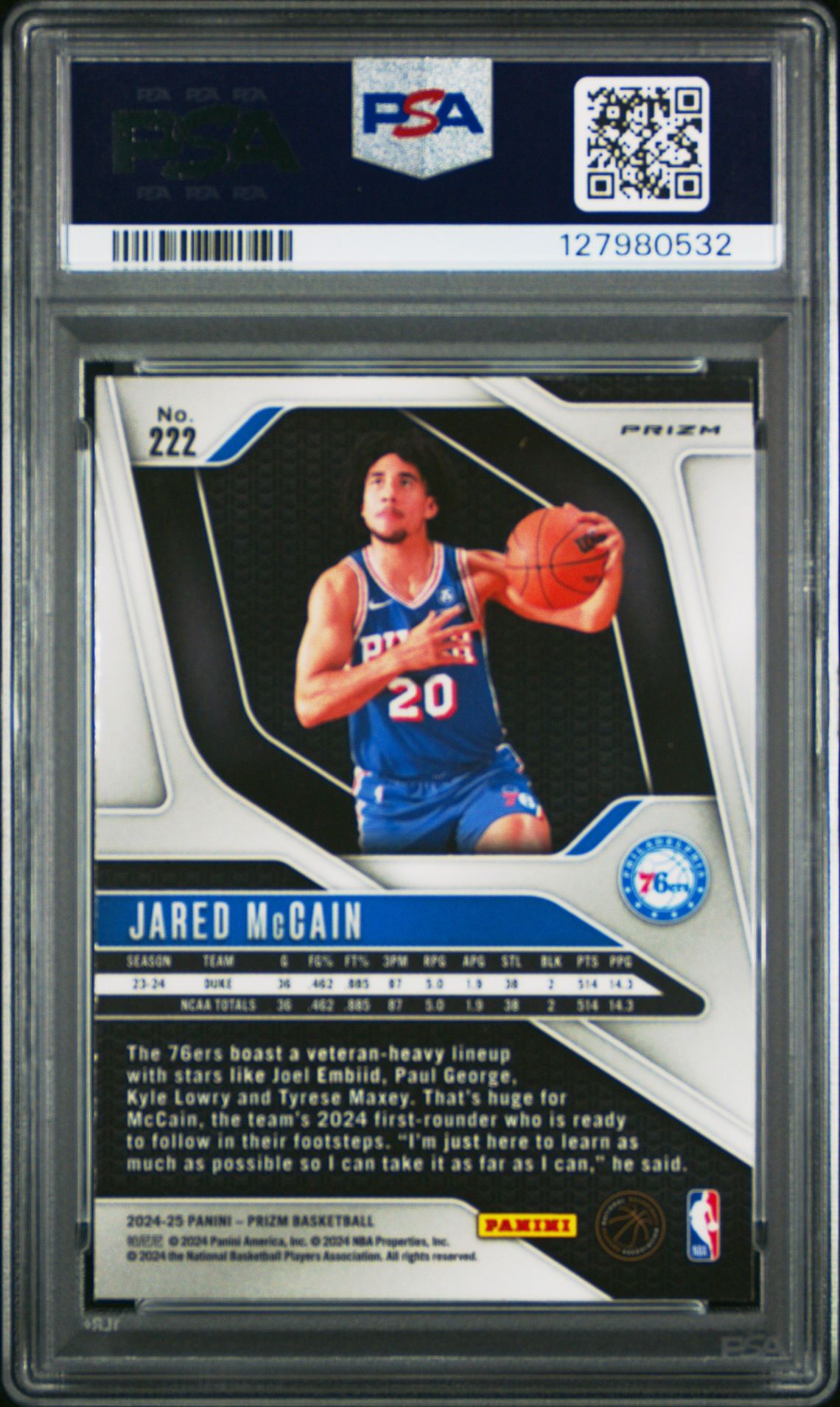 2024 Panini Prizm Jared Mccain #222 (Silver Prizm) Mint 9 back