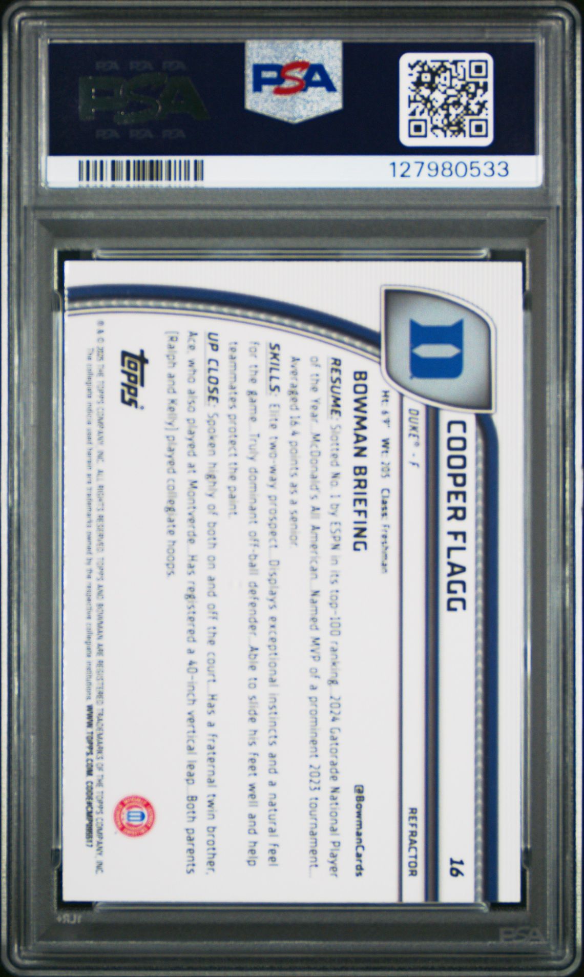 2024 Bowman Chrome University Cooper Flagg #16 (Refractor) Gem Mt 10 back