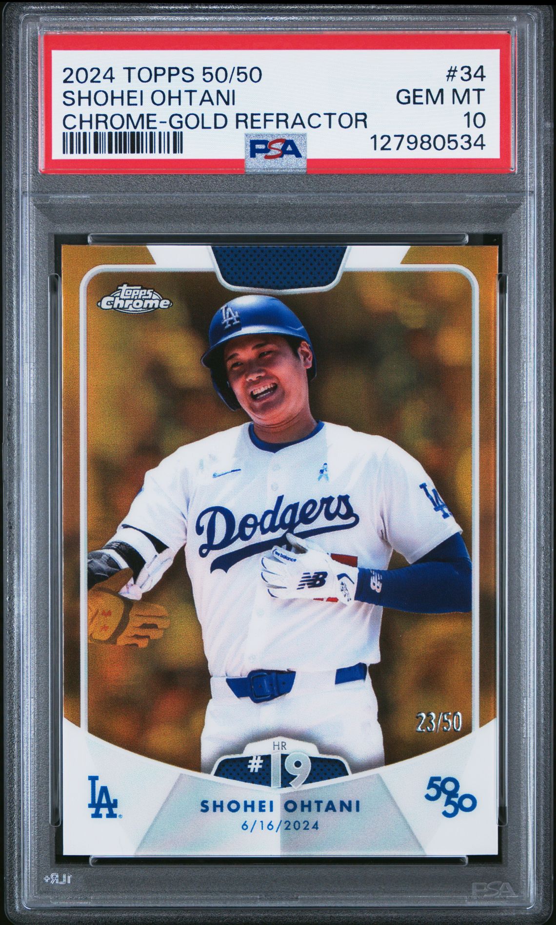 2024 Topps 50/50 Shohei Ohtani Shohei Ohtani #34 (Chrome-Gold Refractor) Gem Mt 10 front