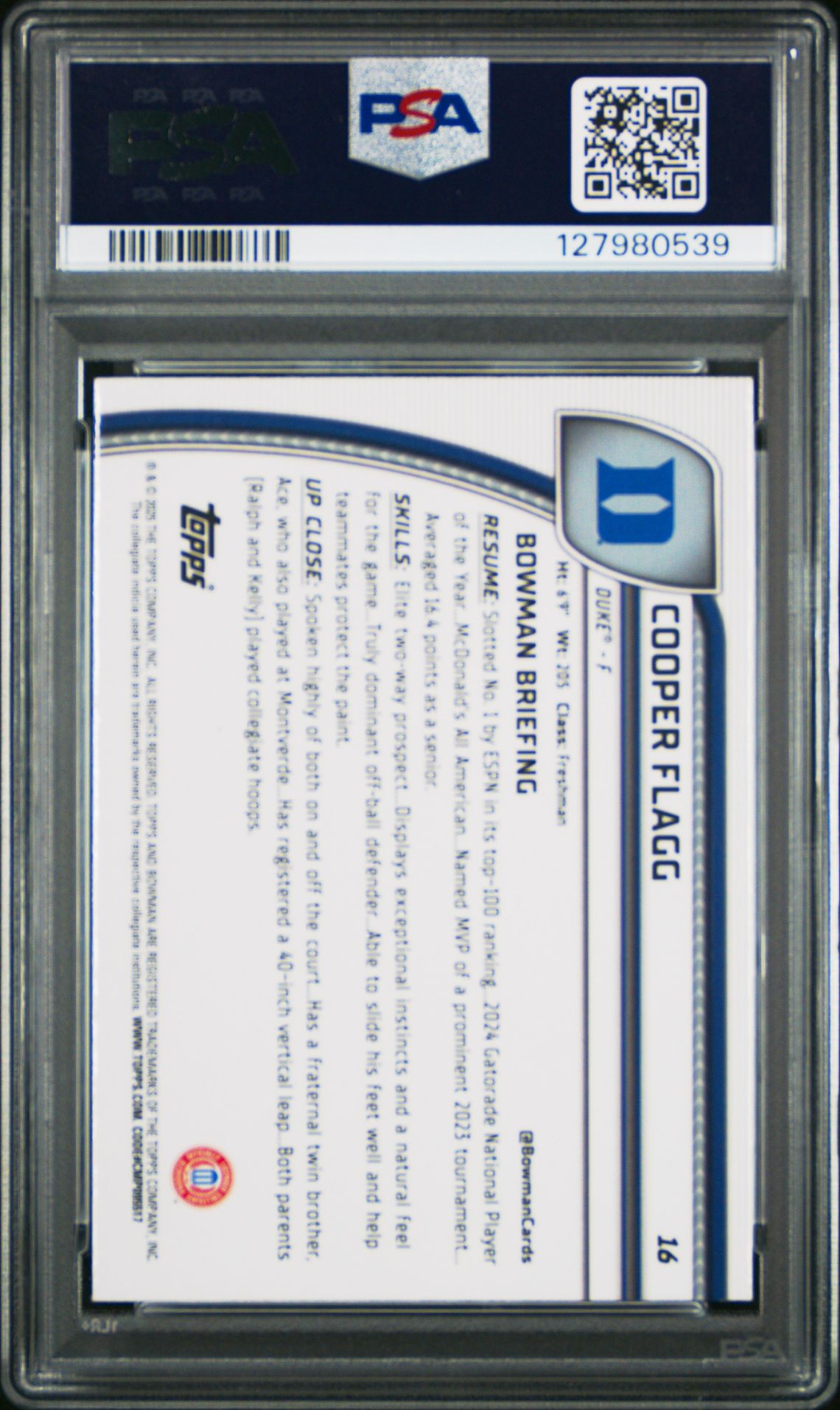 2024 Bowman Chrome University Cooper Flagg #16 (Black Wave) Gem Mt 10 back