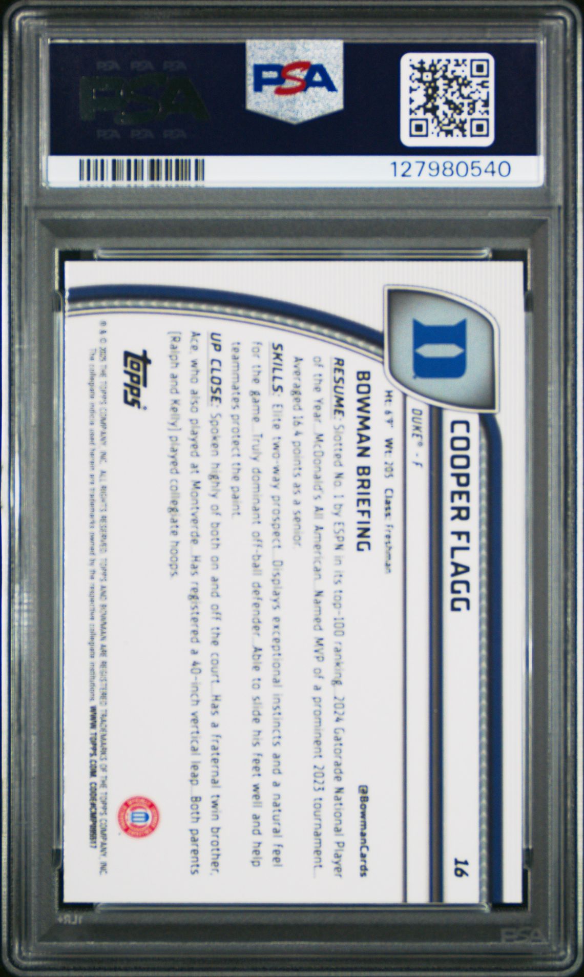 2024 Bowman Chrome University Cooper Flagg #16 (Black Wave) Gem Mt 10 back