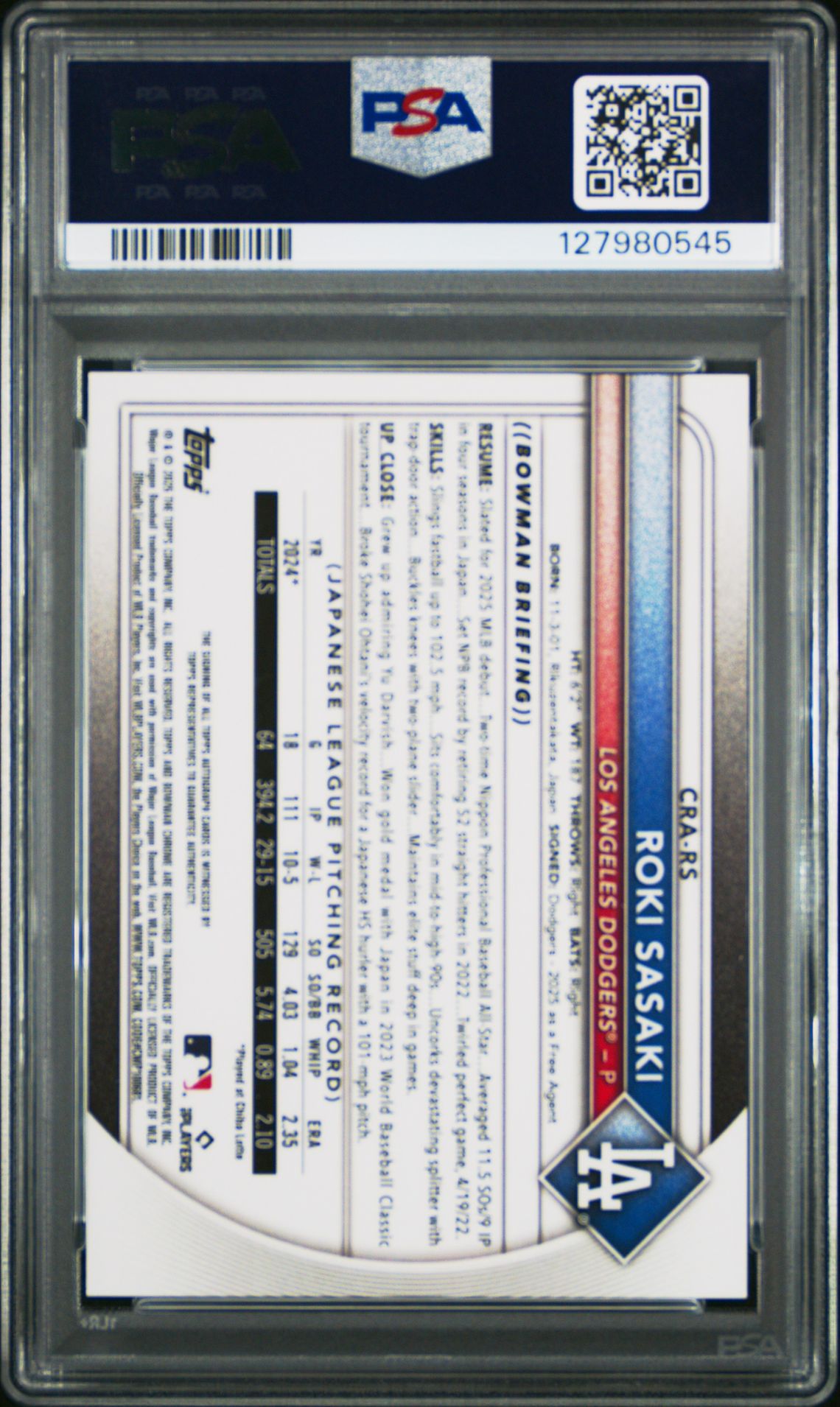 2025 Bowman Chrome Rookie Autographs Roki Sasaki #Crars (Chrome Rookie Au-Green Ref) Gem Mt 10 back