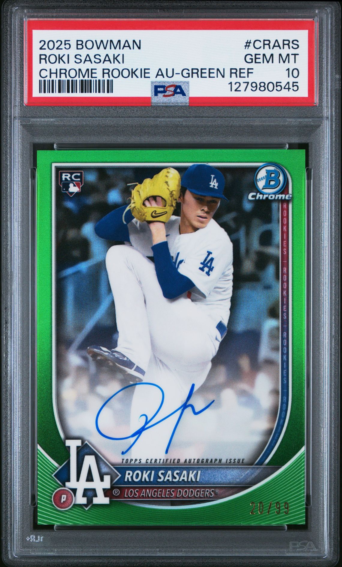 2025 Bowman Chrome Rookie Autographs Roki Sasaki #Crars (Chrome Rookie Au-Green Ref) Gem Mt 10 front