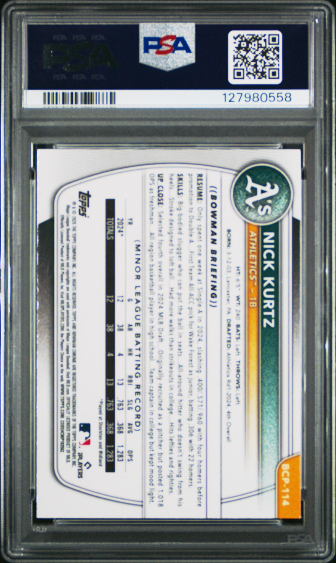 2025 Bowman Mega Box Chrome Prospects Nick Kurtz #114 Mint 9 back