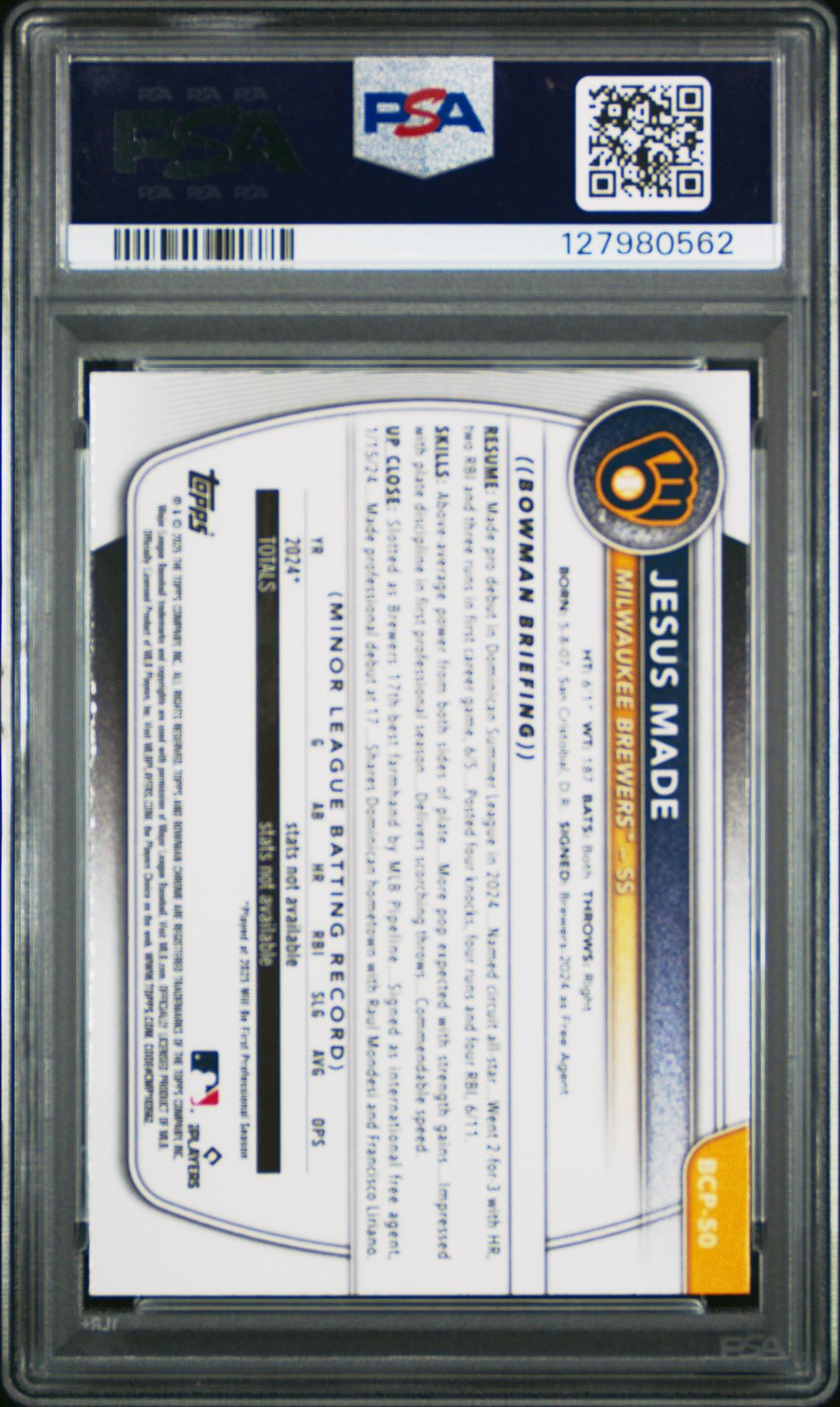 2025 Bowman Mega Box Chrome Prospects Jesus Made #50 Gem Mt 10 back