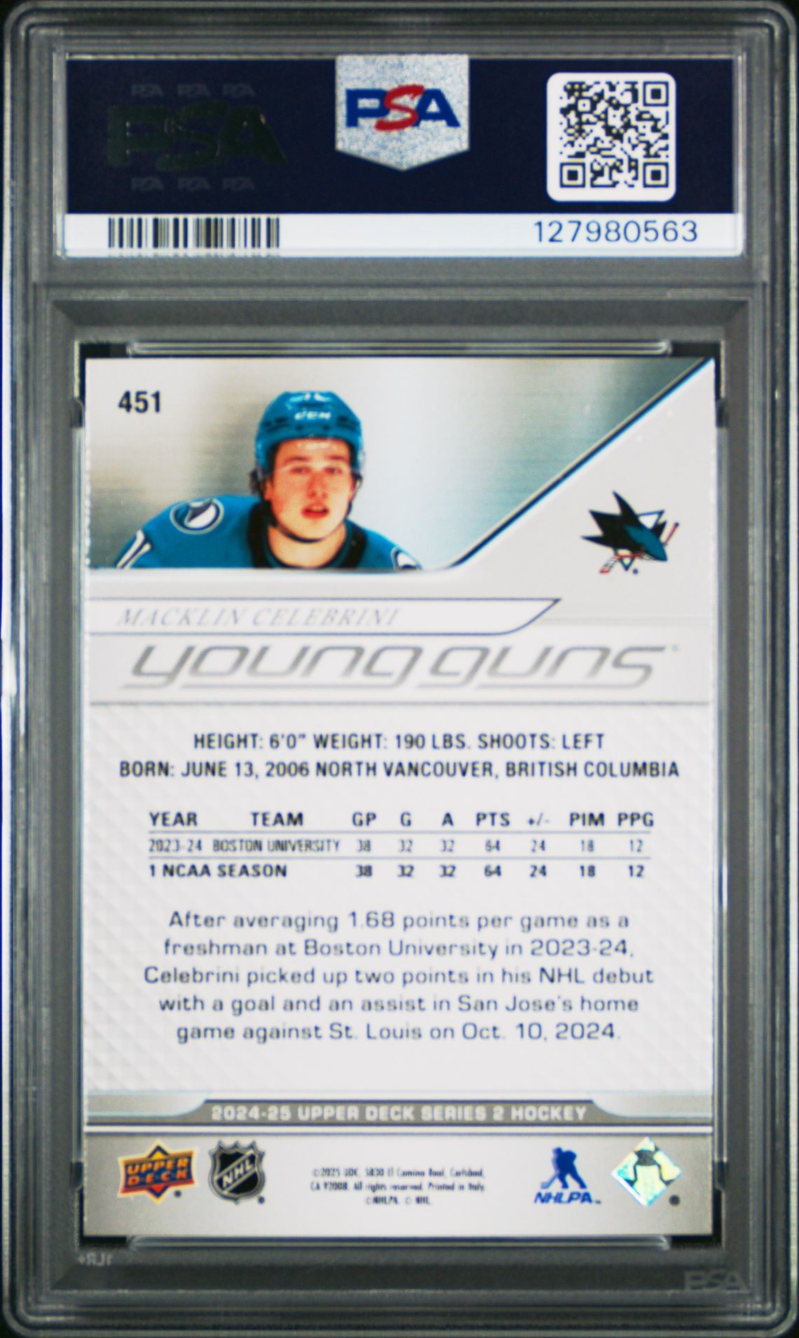 2024 Upper Deck Macklin Celebrini #451 Nm-Mt 8 back