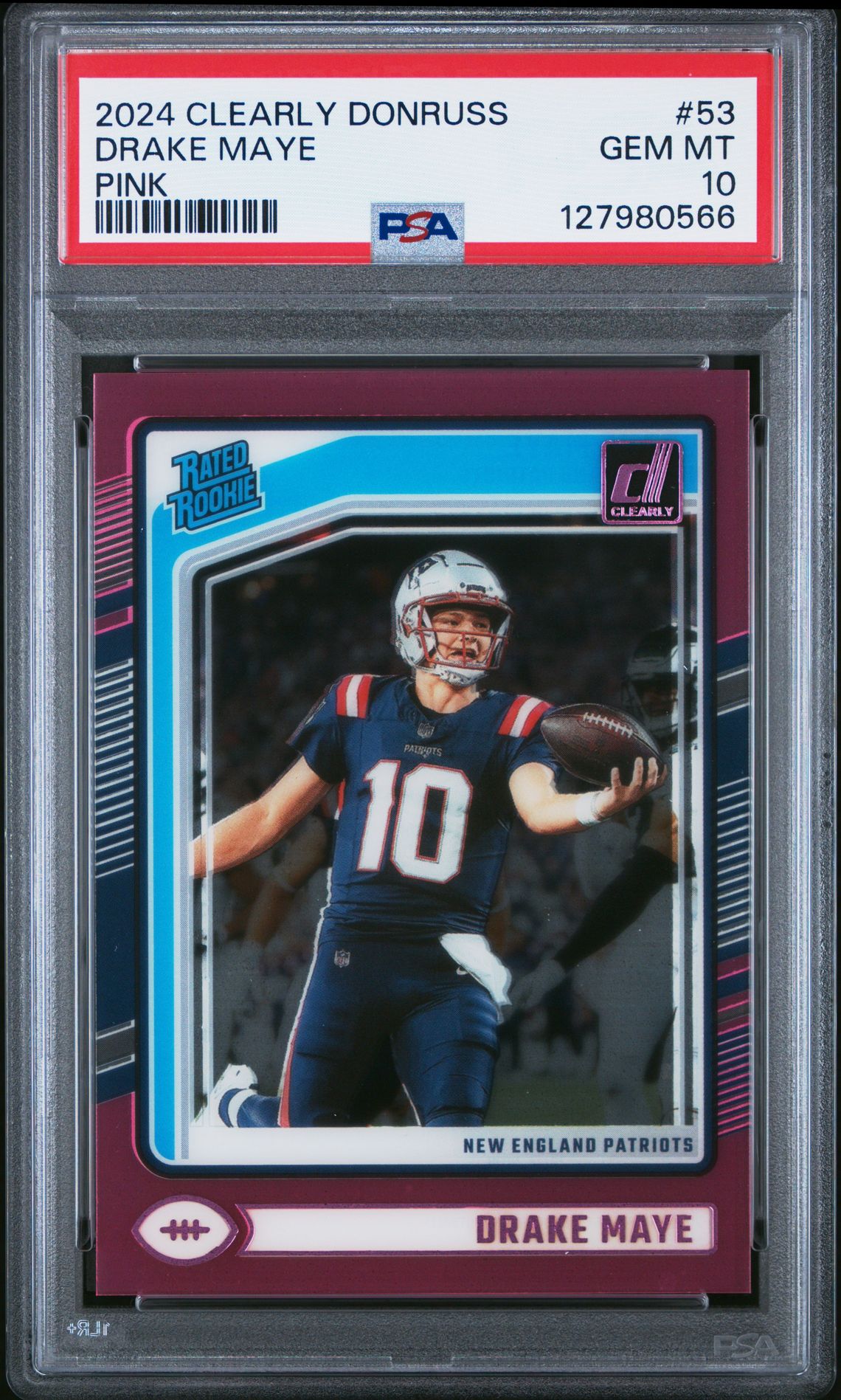 2024 Panini Clearly Donruss Drake Maye #53 (Pink) Gem Mt 10 front