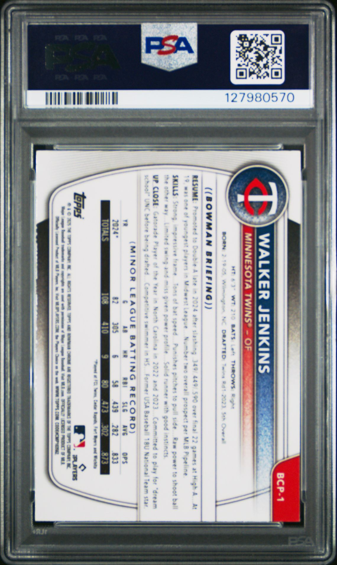 2025 Bowman Mega Box Chrome Prospects Walker Jenkins #1 (Prospects-Green Refractor) Gem Mt 10 back